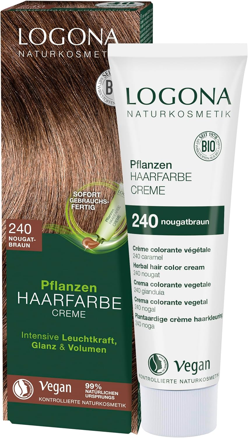 LOGONA Naturkosmetik Plant Hair Colour Cream 240 Nougat Brown, Natural Hair Colour with Henna, Tone Colour Cream, Colouration for Dark Hair, 150 Ml