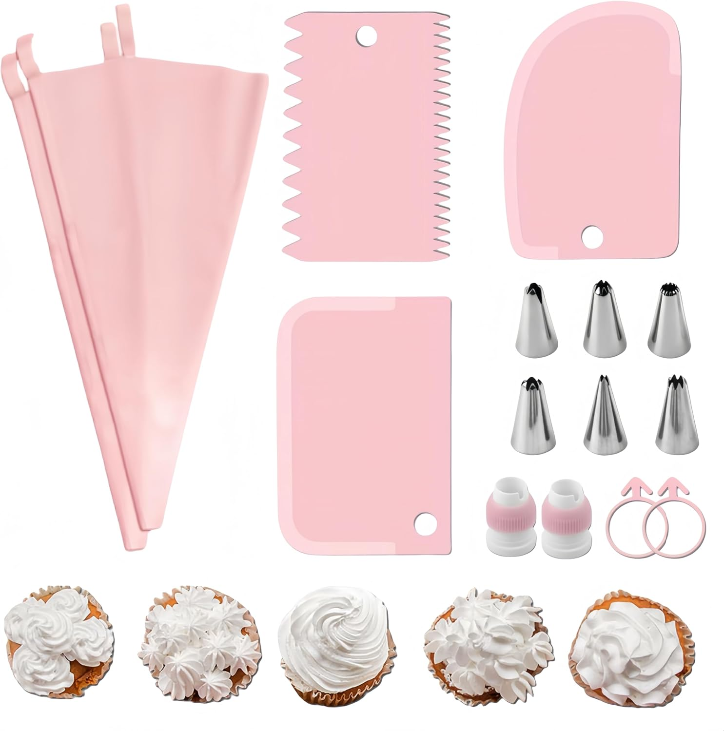 Piping Bags, Piping Bags and Nozzles, Icing Piping Kit,Nozzles Set with Converter, Premium Stainless Steel Piping Nozzles for Decorating Cakes & Cupcakes(15Pcs Pink) image number 1