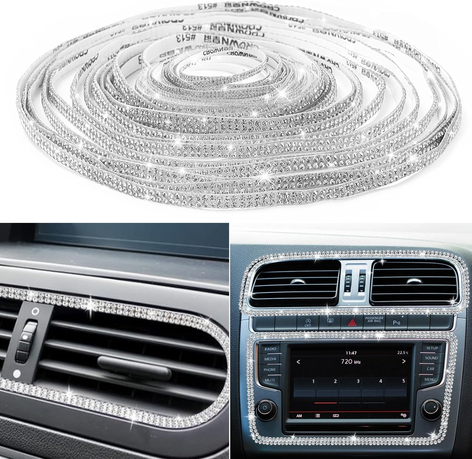 Bling Self-Adhesive Trim 16.4Ft, Rhinestone Accessories for Women, Interior Exterior Decoration, Dashboard Decorations, Door Stickers (White)