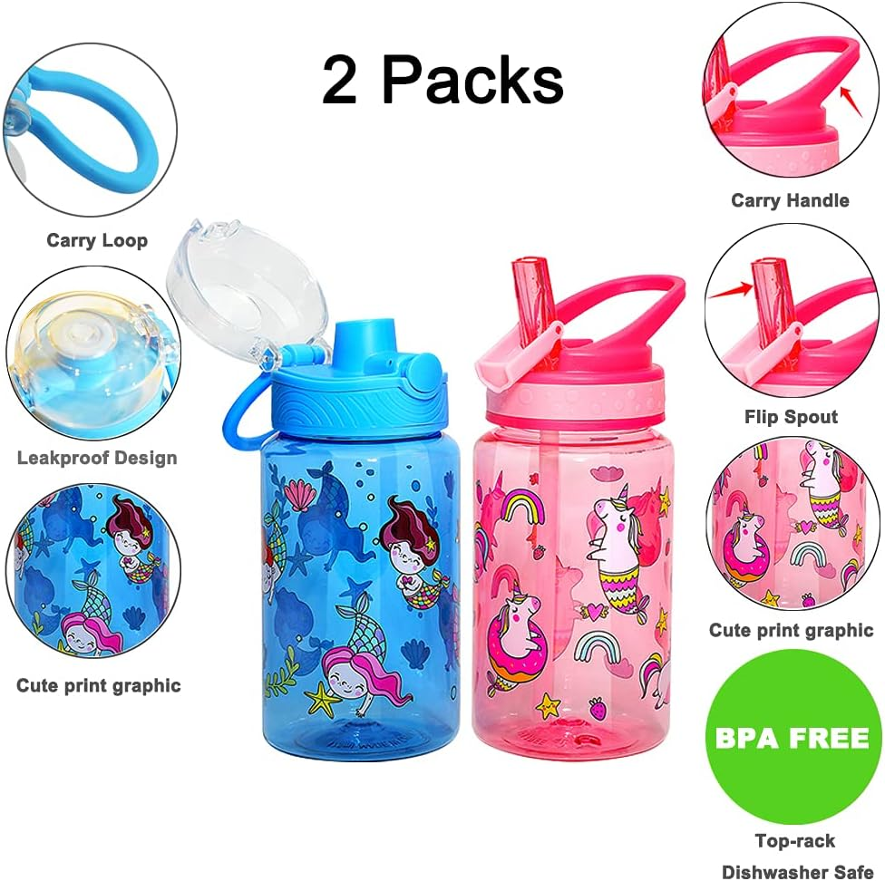 Home Tune 16Oz Kids Water Drinking Bottle - Tritan BPA Free, Flip Straw Lid, Wide Mouth, Carry Loop, Lightweight, Leak-Proof Water Bottle Cute Design for Girls & Boys - 2 Pack Unicorn & Flamingo
