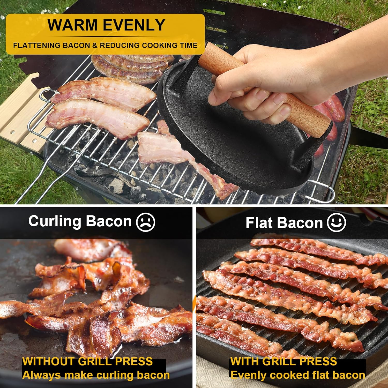 AIVIKI Burger Press, Smash Burger Press for Blackstone Griddle, Heavy Duty Cast Iron Rectangular 8.2X4.2In Bacon Grill Press with Wood Handle, Meat Steak Weight for Sandwich, Paninis (Rectangle) image number 1