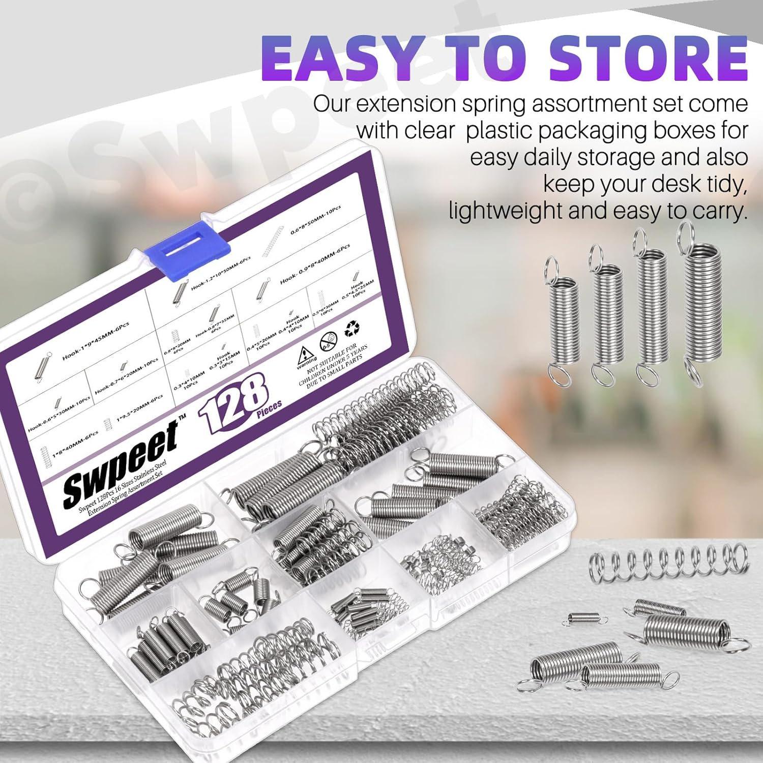 Swpeet 128Pcs 16 Sizes Stainless Steel Extension and Compression Springs Kit，Extension Spring with a Dual Hook Mechanical Springs Small Spring for Home Repairs image number 3