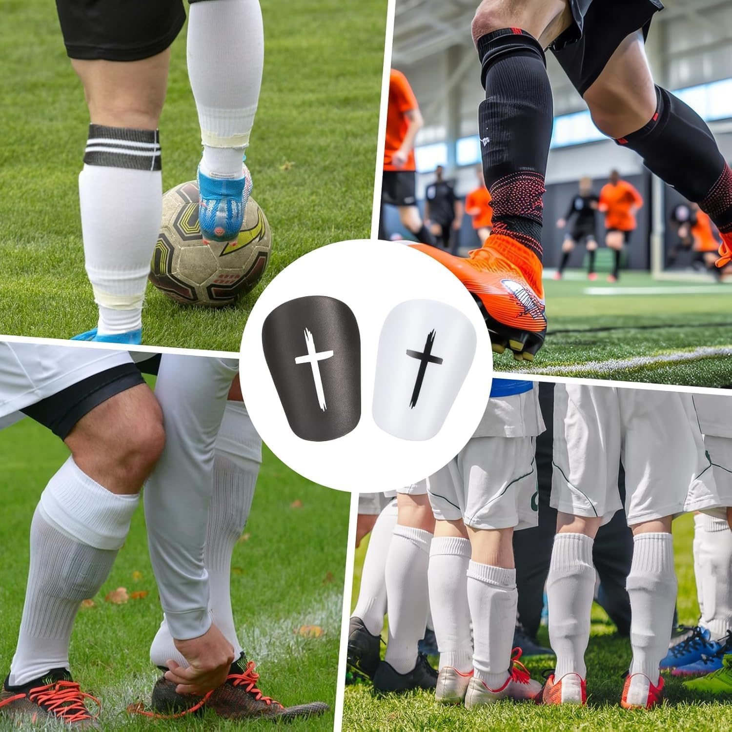 4Pcs Black and White Cross Protective Soccer Shin Pads ， Mini Football Shin Guards for Youth and Adults, Lightweight Comfortable Small Shin Pads, Durable Black and White Soccer Protective