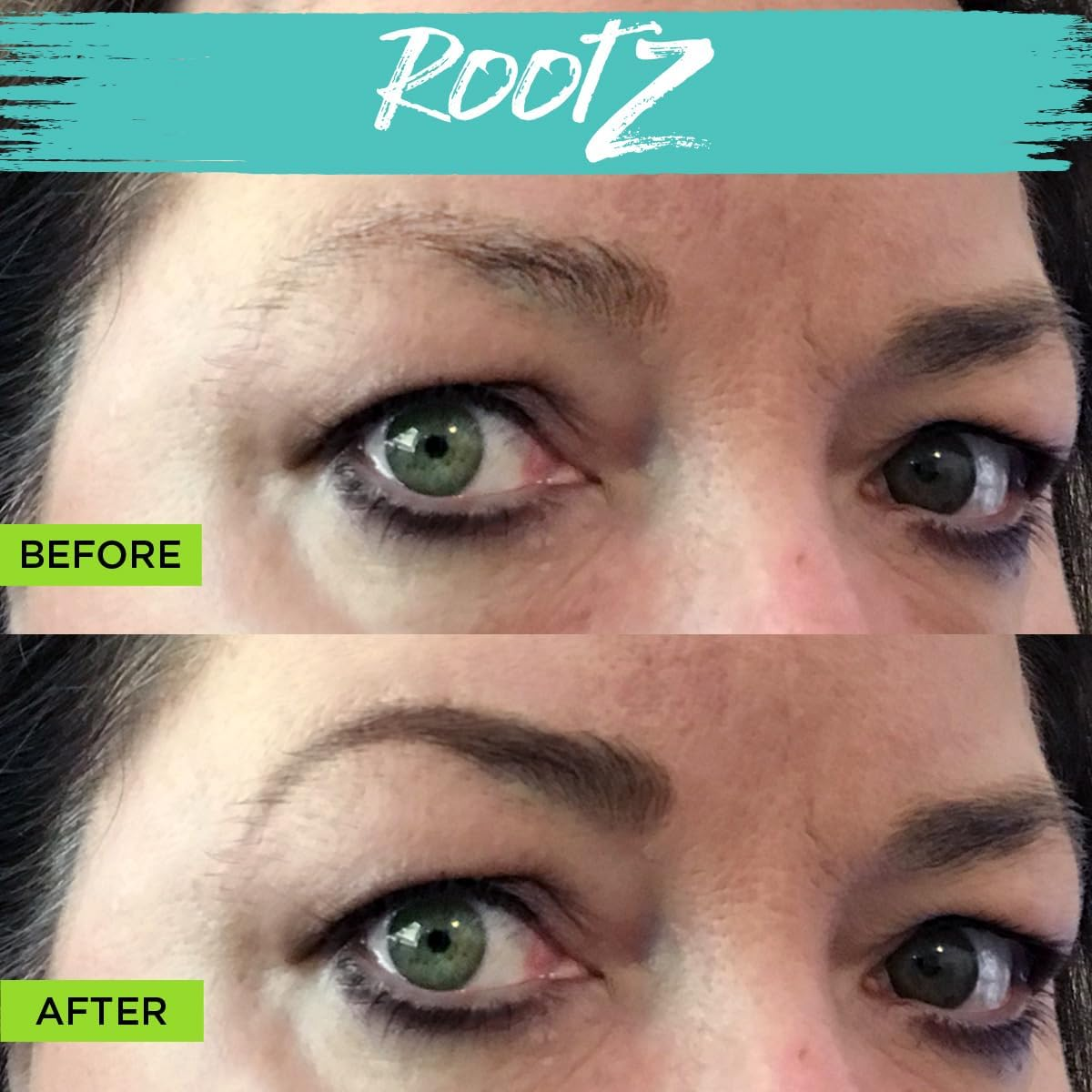 New! Rootz Grey Root Cover up Dark Brown Touch up for Grey Roots. Shape and Thicken Eyebrows Too. Unique Dual Action Brush - One Product - Two Uses