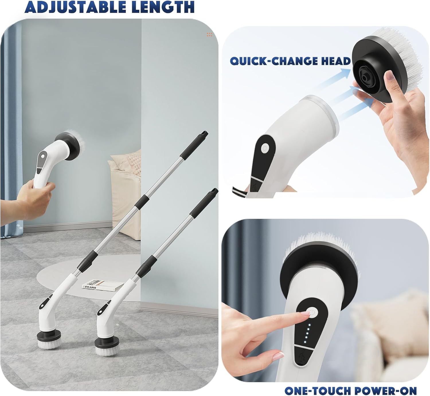 Electric Spin Scrubber, Electric Scrubber with 8 Replaceable Heads, 320-470RPM 5 Speed Adjustable Shower Scrubber with Long Handle, Scrubbing Brush for Bathroom, Bathtub, Floor and Car. image number 6