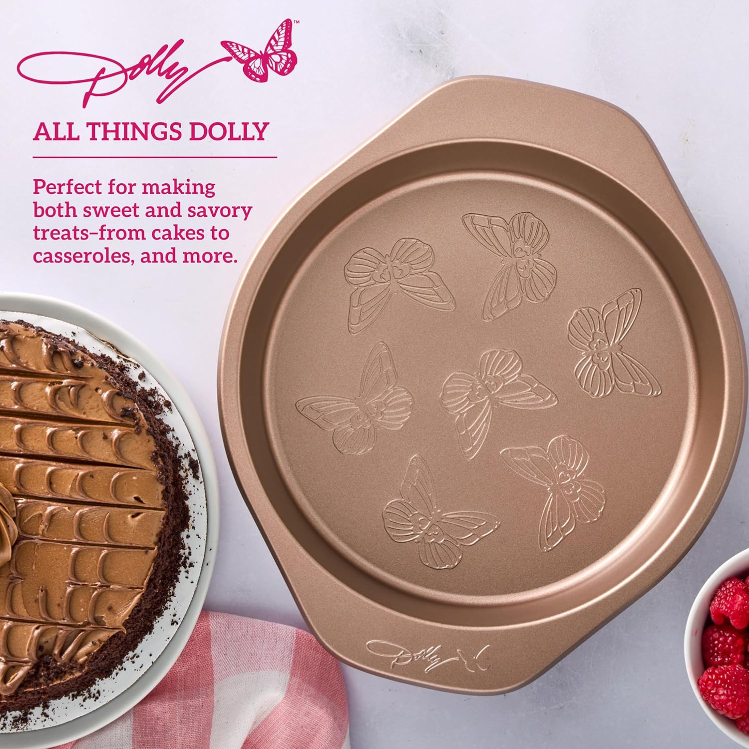 Dolly Parton Butterfly Stamp round Cake Pan &ndash; Carbon Steel Nonstick Bakeware with Textured Butterfly Design, Durable Rolled Rim, Oven Safe to 450F, Perfect for Cakes, Cheesecakes and Savory Bakes image number 1