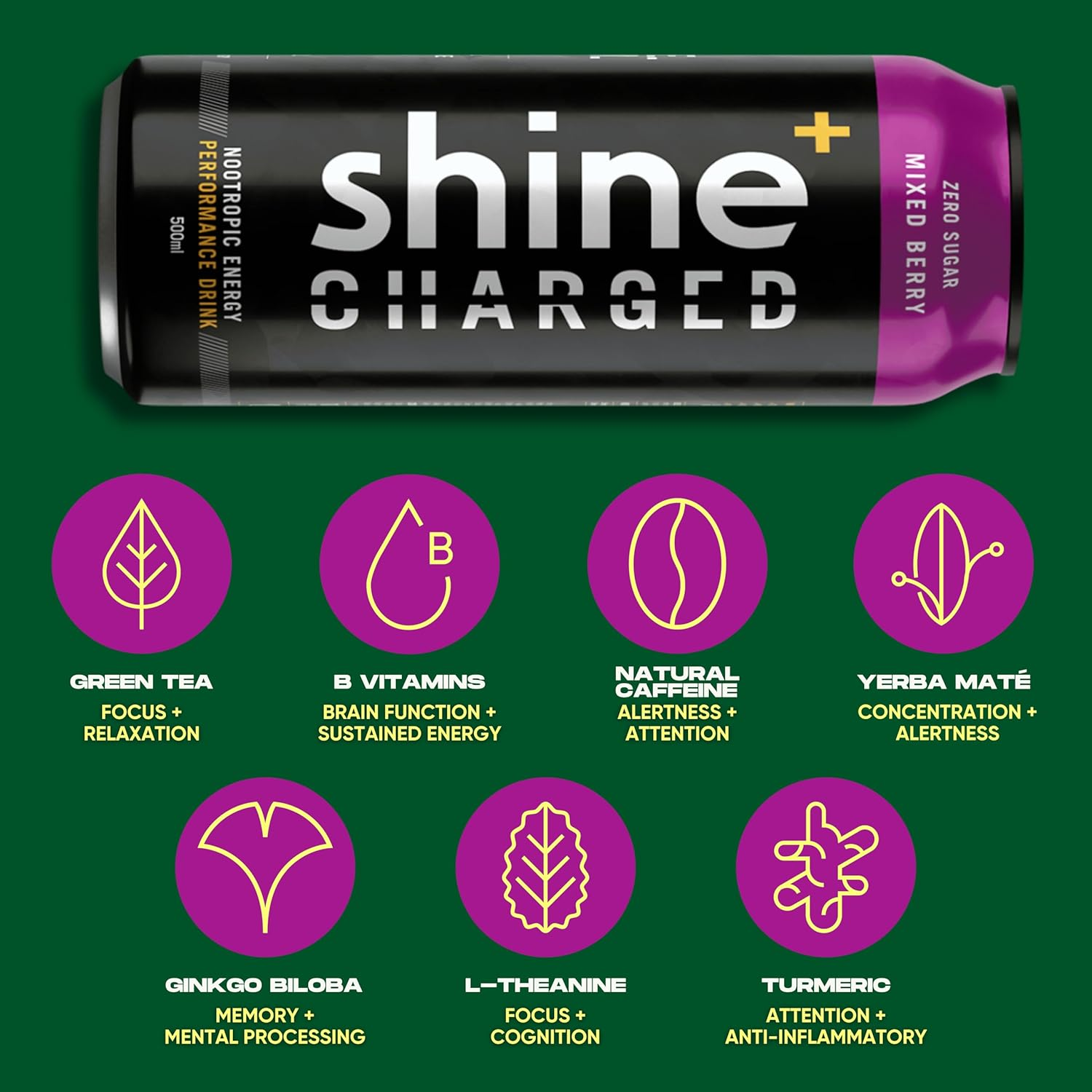 Shine Charged Healthy Energy Drink Carbonated Mixed Berry - Sugar Free Performance Yerba Mate Nootropic, Natural Caffeine, Adaptogens & B Vitamins, 12 X 500Ml image number 6