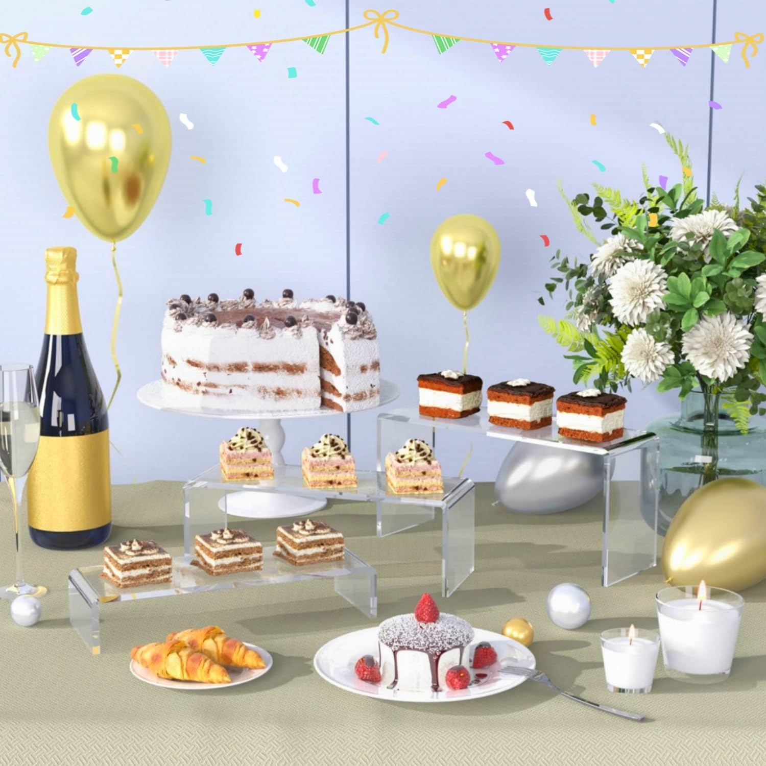 Acrylic Display Risers, 8 Pieces Clear Rectangular Tabletop Display Stand for Amiibo Funko POP Figures, Collectibles Jewelry Food Cupcake Dessert Risers Shelf for Decoration and Organizer image number 5