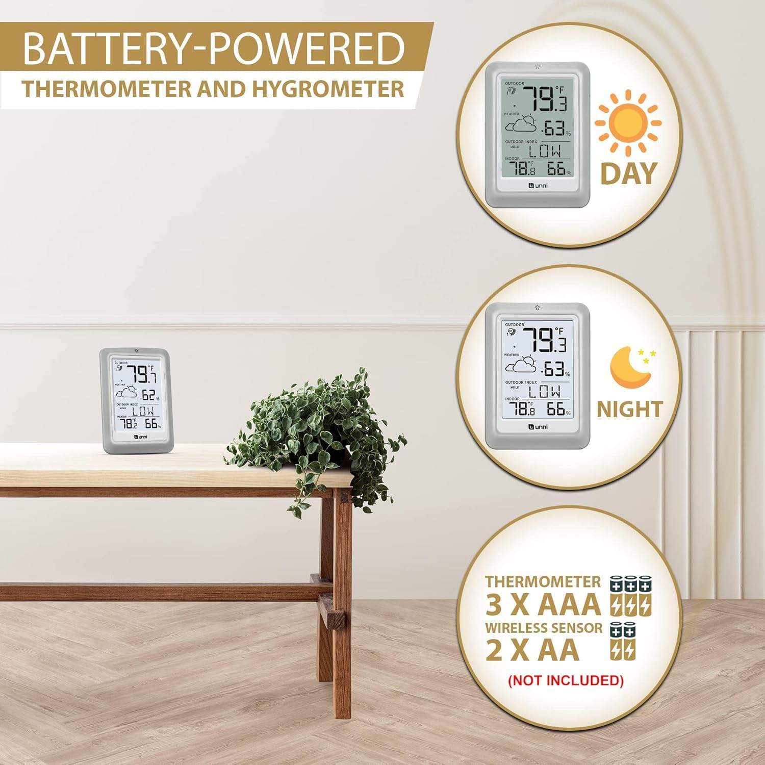 Indoor Outdoor Thermometer Hygrometer Wireless Weather Station, Temperature Humidity Monitor Battery Powered inside outside Thermometers with 330Ft Range Remote Sensor and Backlight Display