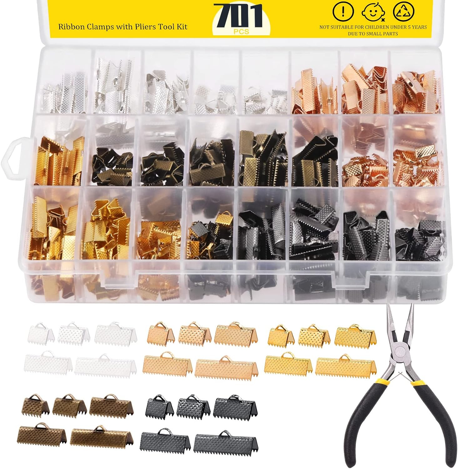 Mardatt 301Pcs 5 Colors Metal Ribbon Clamp Ends Assortment Set with Jewellery Pliers 1.18" 1.5" 1.96" Bracelet Bookmark Bracelet Bookmark Leather Pinch Crimp Clasp Leather Cord End Jewelry Findings