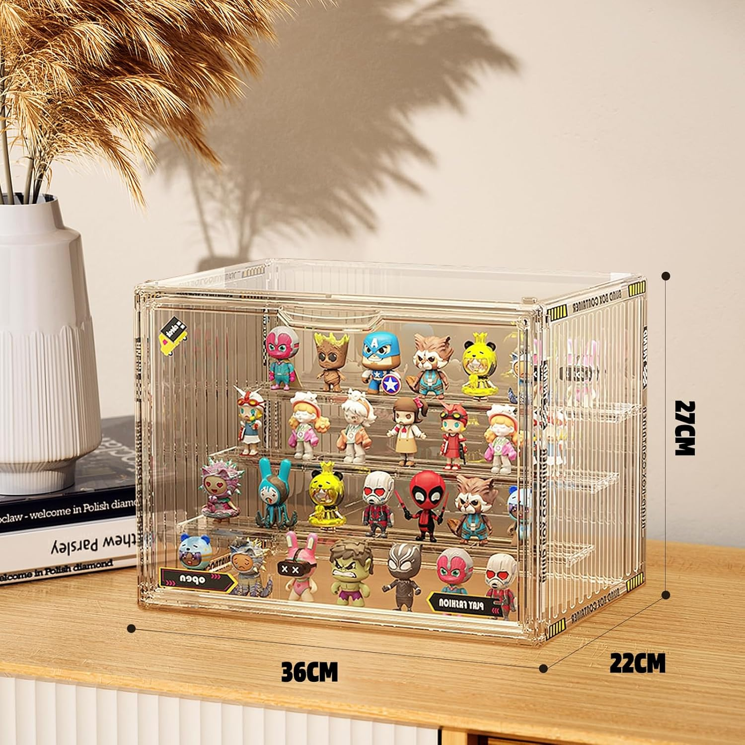 Powerful Acrylic Display Case for Collectibles 4 Layer Stackable& Clear Container Box for Pop Figures Mini Toys Car Model Wallet Book Organization(With Cute Stickers) image number 3