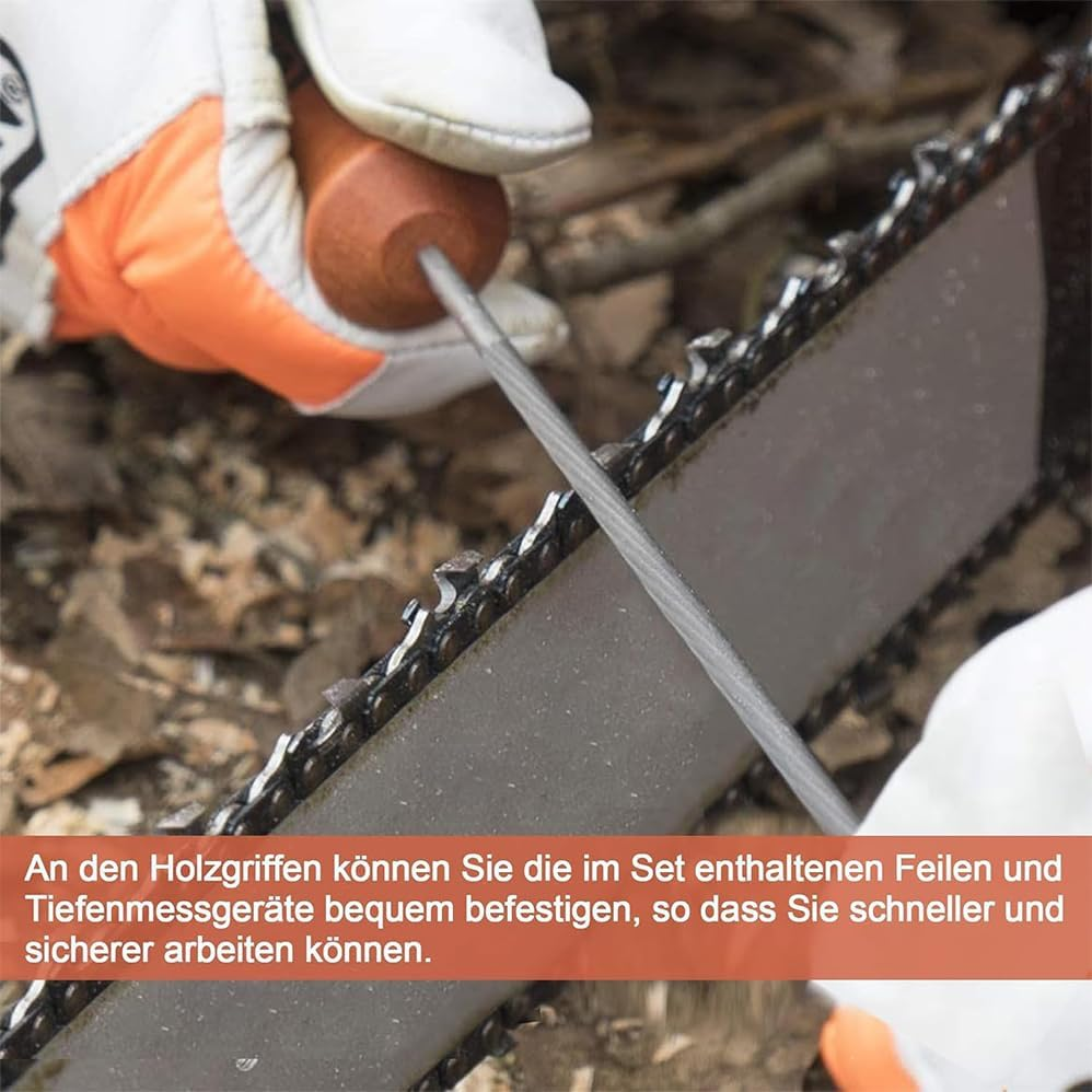 11PCS Universal Chainsaw Sharpener Tool,Chainsaw Chain Sharpening Kit,Comes with 3 Sizes of round Files (5/32", 3/16", 7/32"), Flat Files, Handles, File Guides, Rod Groove Cleaner and Pocket image number 3