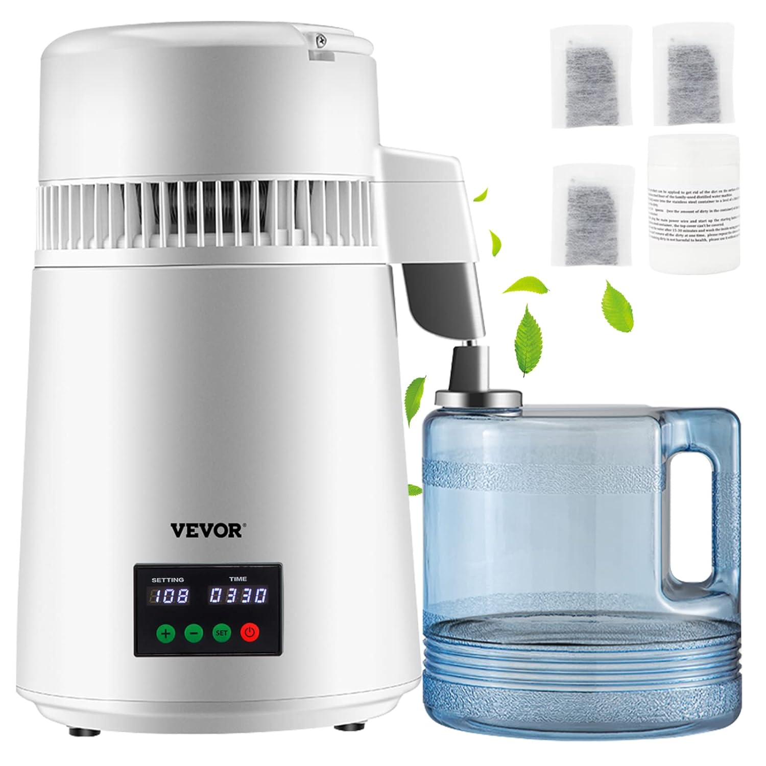 VEVOR 4L Water Distiller,0.3Gal/H, Distilled Water Maker Machine 750W 0-99H Timing Set Temp Display, 304 Stainless Steel Countertop Distiller Plastic Carafe Cleaning Powder 3 Carbon Packs, White image number 3
