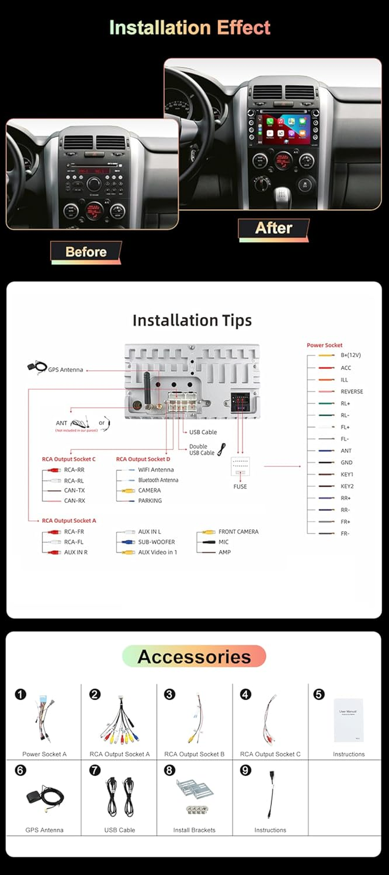 Cadley Android 14 Car Radio for Suzuki Grand Vitara 2005-2013 with Wireless Apple Carplay, Android Car, Mirror Link, GPS Navigation, Bluetooth 5.0, Wifi, USB, Navi, FM + Reversing Camera image number 1
