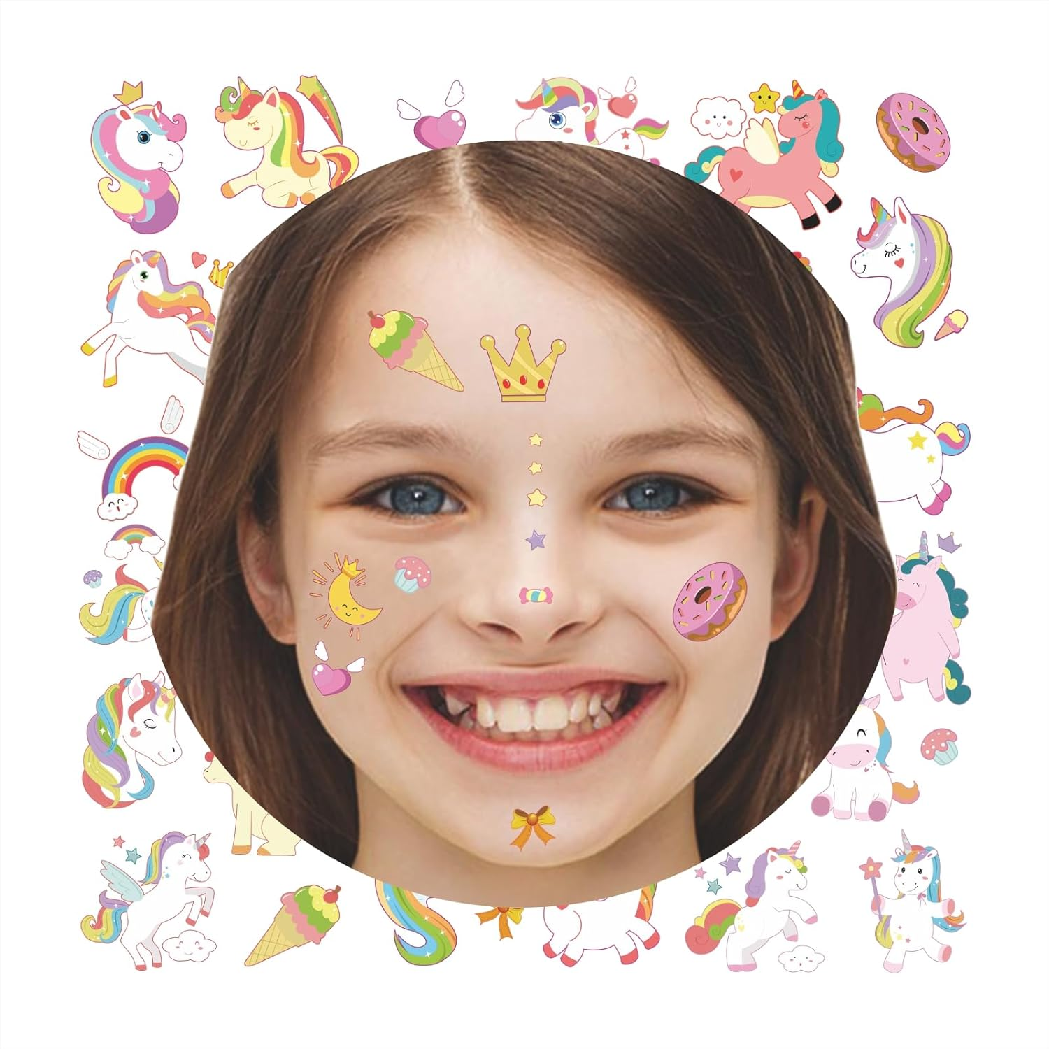 Womaha 12 Sheets Unicorn Temporary Tattoos for Kids Stars Moon Rainbow Balloon Face Tattoos Classroom Activity Performance Props image number 1