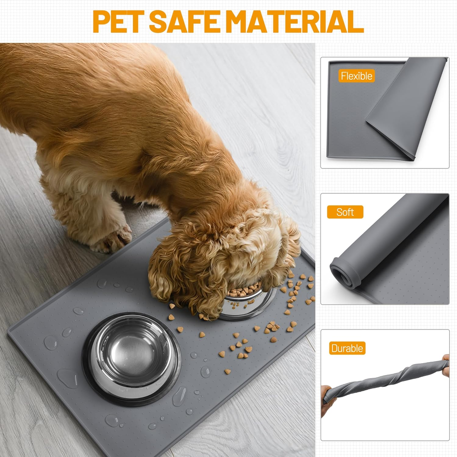 Hubulk Dog Cat Food Feeding Mat L (19"X12") XL (24"X16") or XXL (32X24) 0.5" & 1" Inch Raised Edge FDA Food-Grade Silicone Non Slip Waterproof Pet Food Mat Dog Bowl Placemat Large (XXL, Grey) image number 6