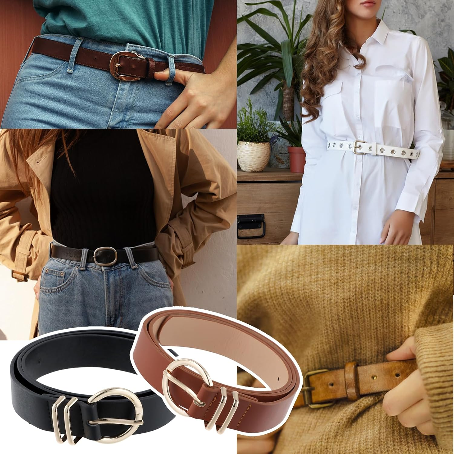 2 Pack Womens Leather Belts, All-Match Belts Fashion Belts, with Gold round Metal Buckle, Belts for Jeans Pants (Black +Brown) image number 1