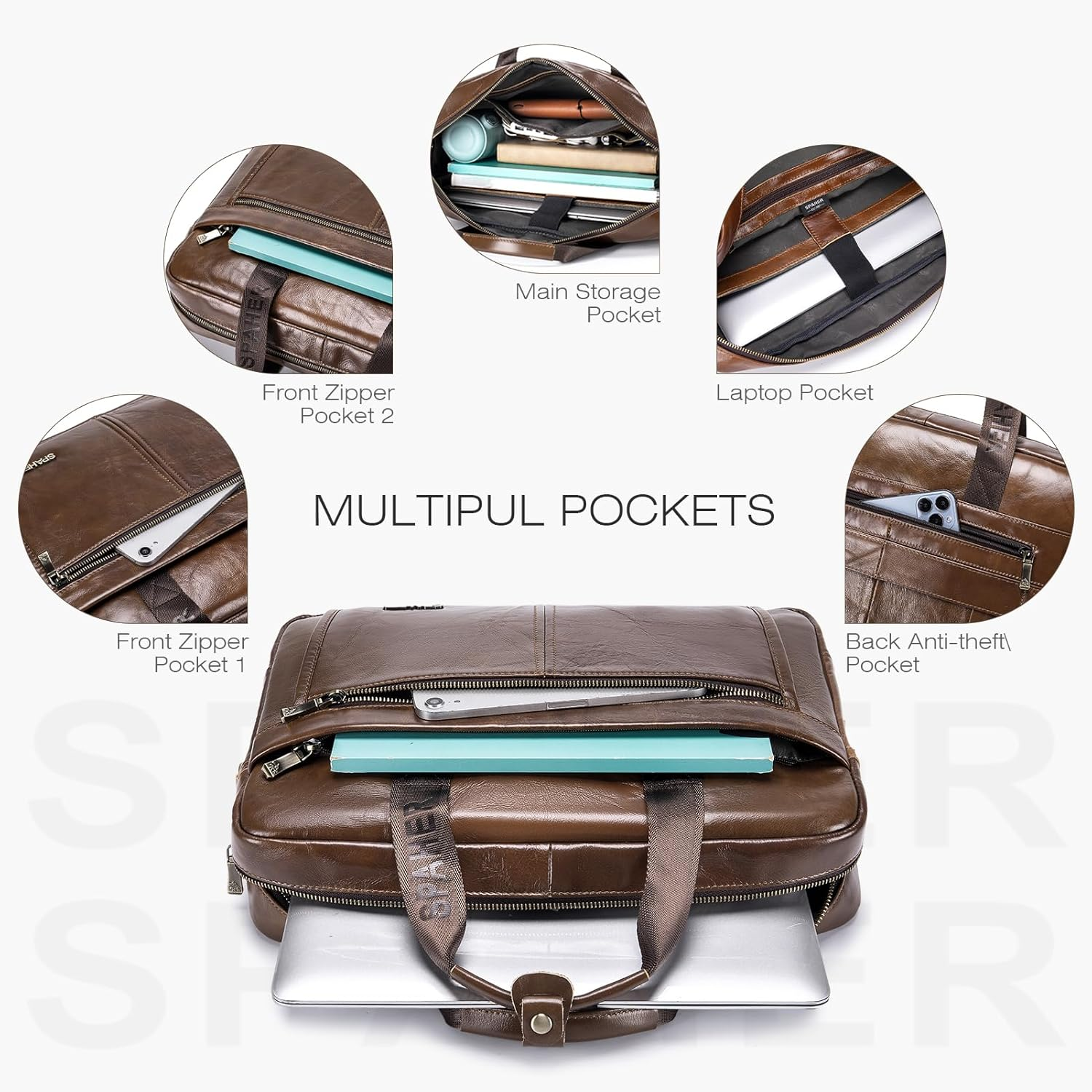 SPAHER Mens Leather Laptop Bag Briefcases for Men 15.6 Inch Leather Briefcase Business Work Laptop Handbag Shoulder Bag Office Bag for Men Laptop Messenger Bag image number 2
