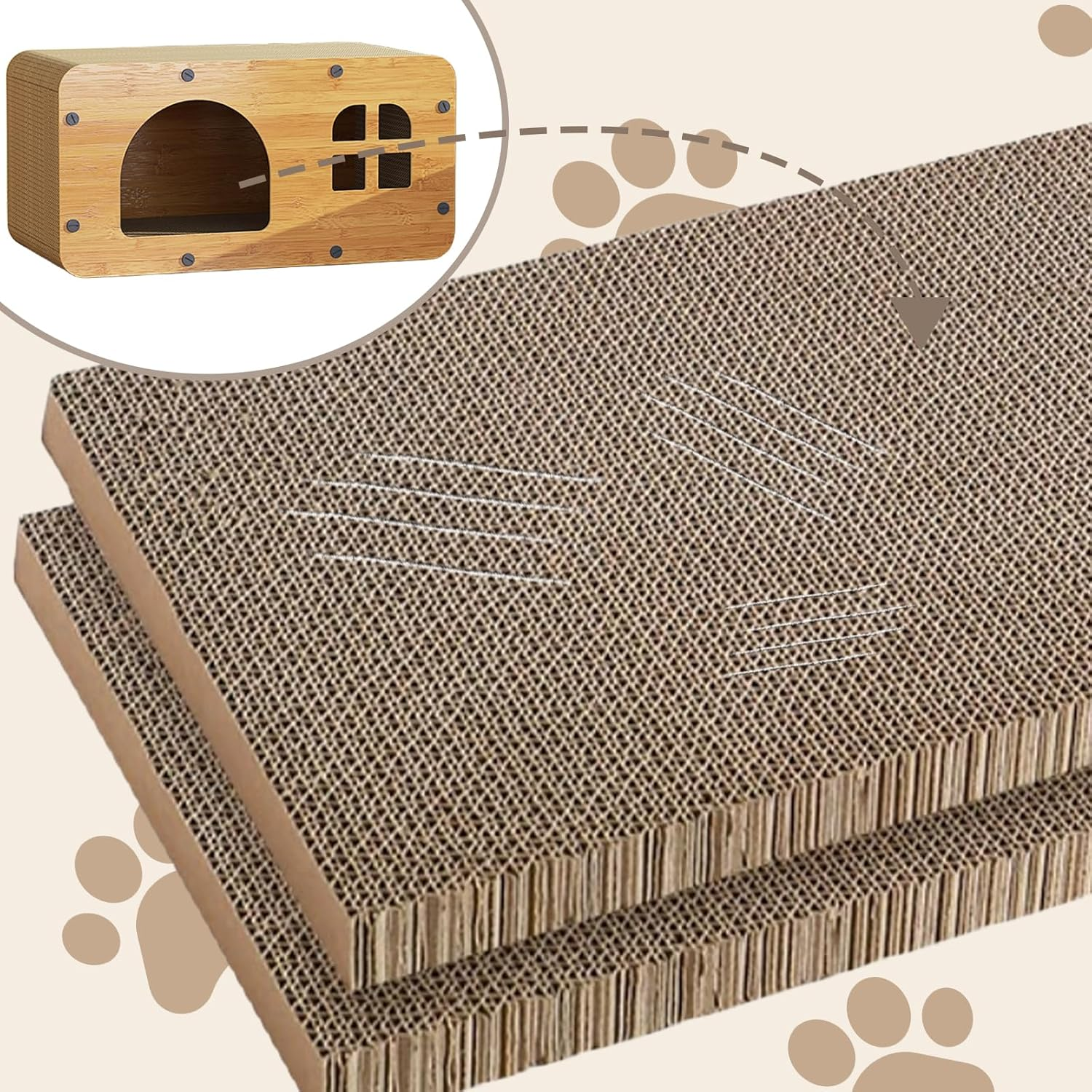 Cardboard Cat House 2 in 1 Corrugated Cardboard Cat Scratcher Lounge Bed for Cats Board Wood Double Layer Cat House with Scratching Pad with Fluffy Ball Extra Large image number 4
