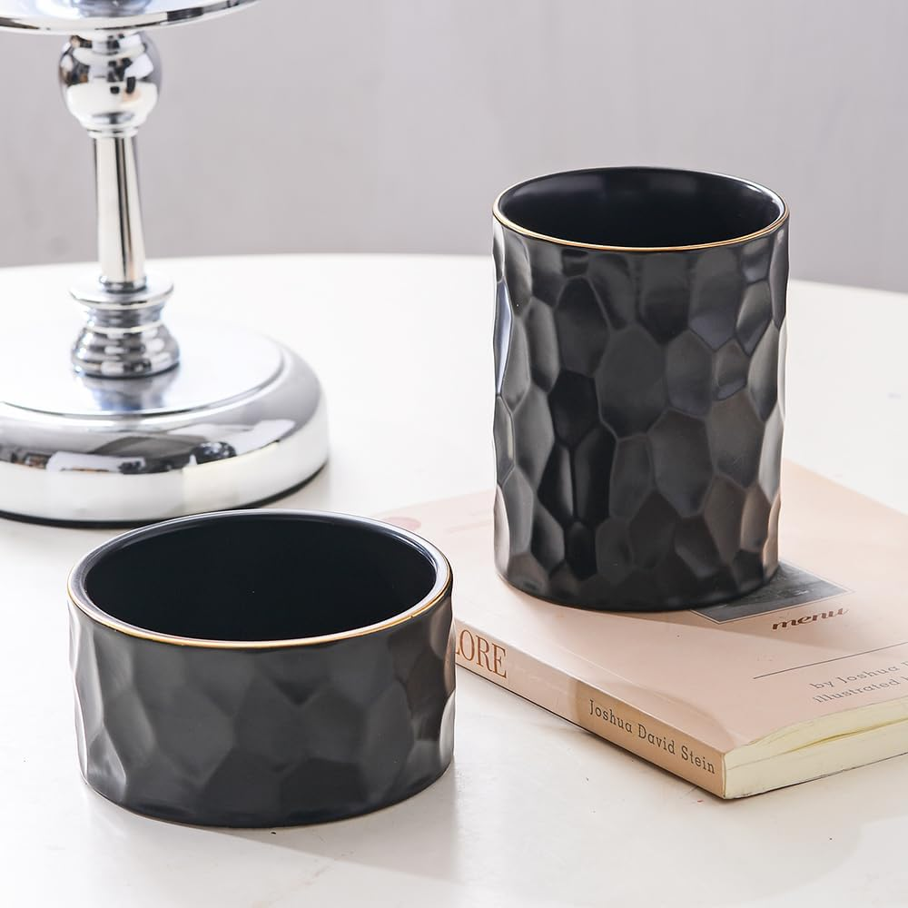 YOSCO Desk Organizer Set of 2 for Office, Ceramic Pen Holder and Paper Clip Holder, Cute Pencil Cup Pot for Desk, Paper Clip Dispenser for Desktop, Makeup Brush Holder, Ideal Gifts (Black Set) - Black Set image number 3