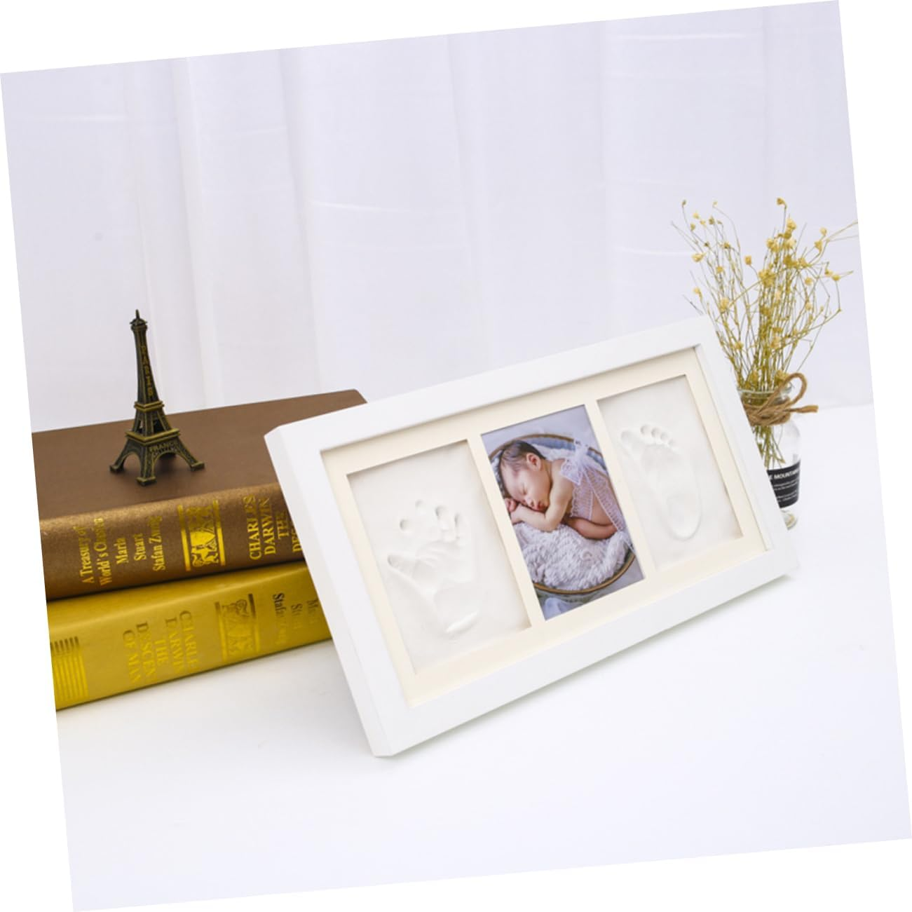 Kisangel Hand and Foot Prints Photo Frame Creative Wooden Picture Holder for Home Decor White Frame with White Inkpad for Bedroom and Living Present for Parents image number 2