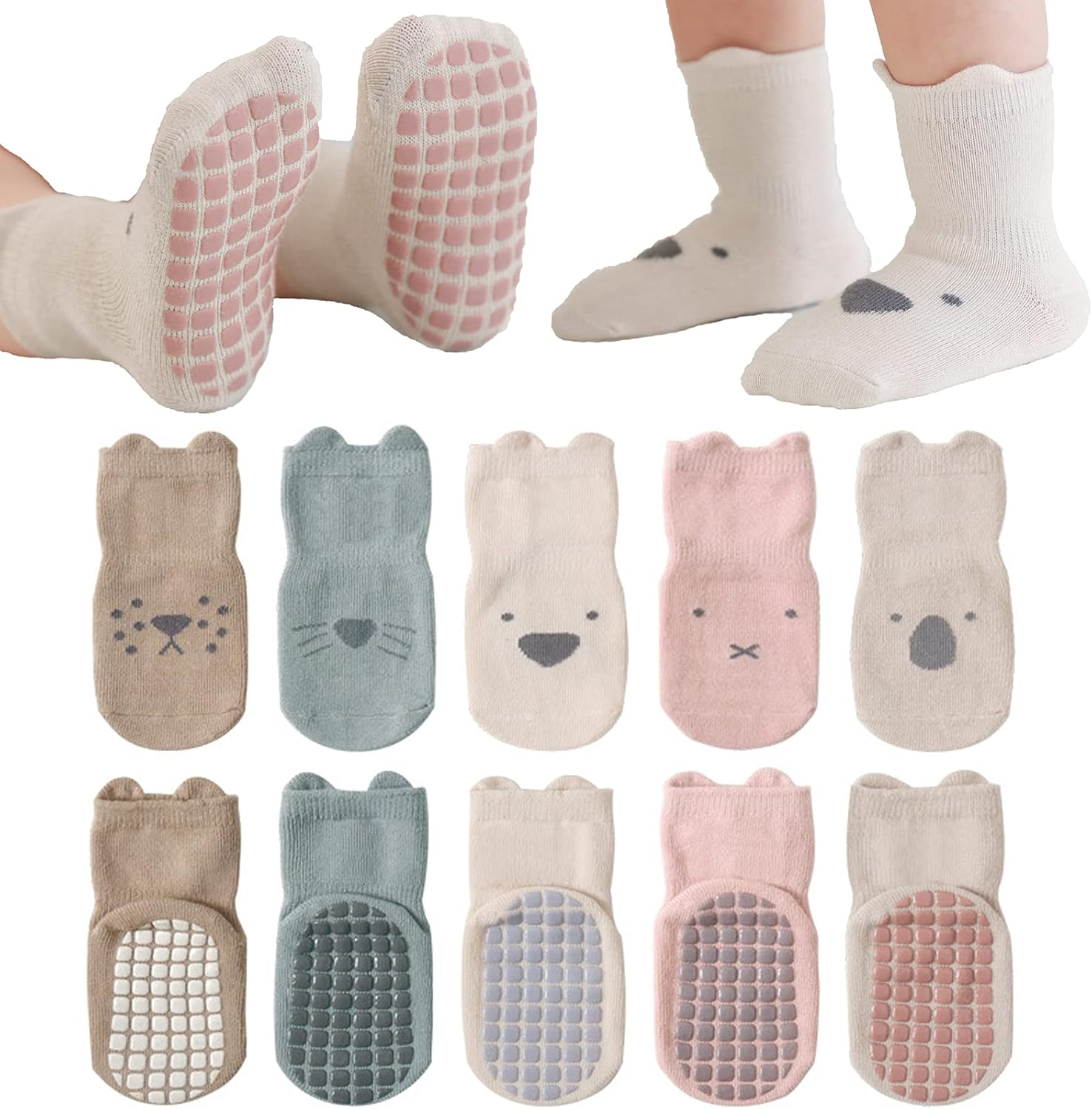 Baby Non Slip Socks Toddler Non-Skid Ankle Socks with Grips Anti-Slip Crew Cotton Socks for Infants Toddlers Girls Boys image number 4