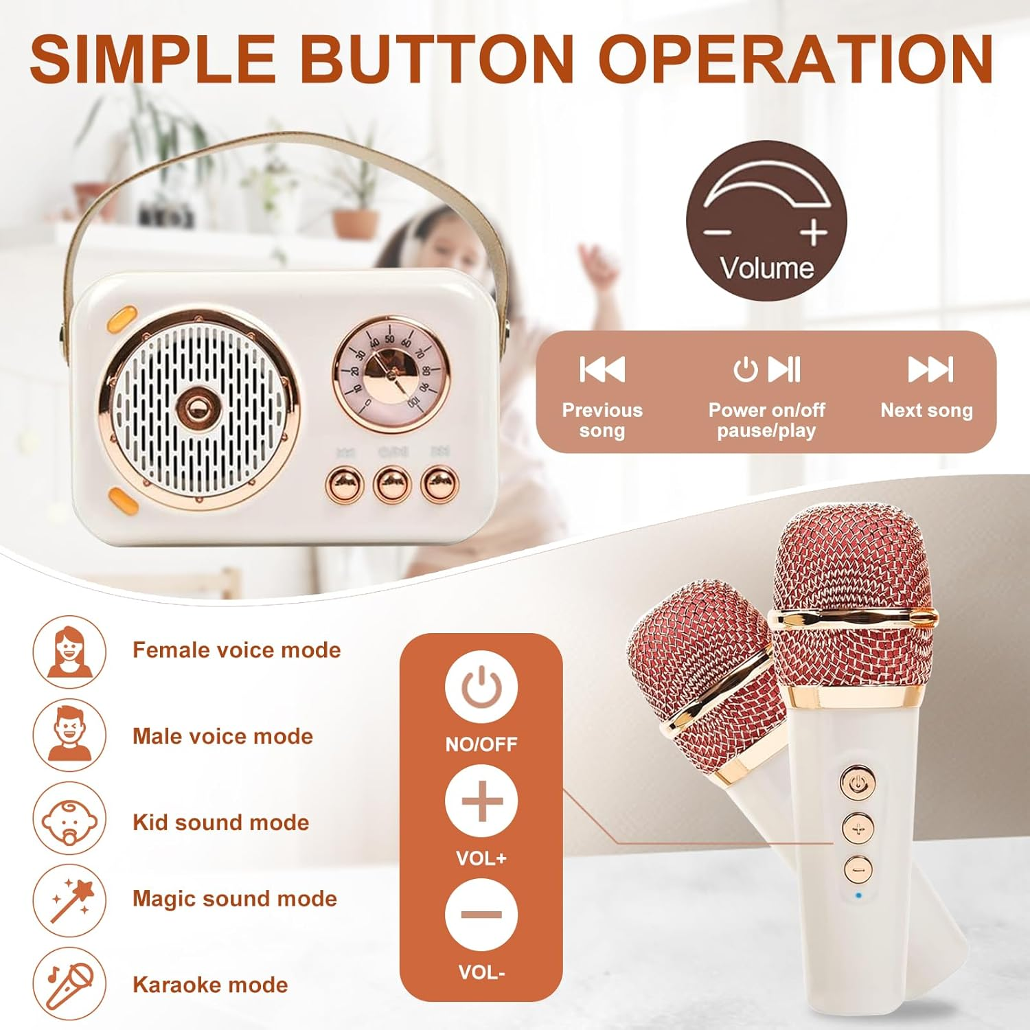 Retro Karaoke Machine, Portable Bluetooth Speaker Wireless Microphone Gifts Toys for Kids and Adults Family Home Party Microphone (White) image number 4