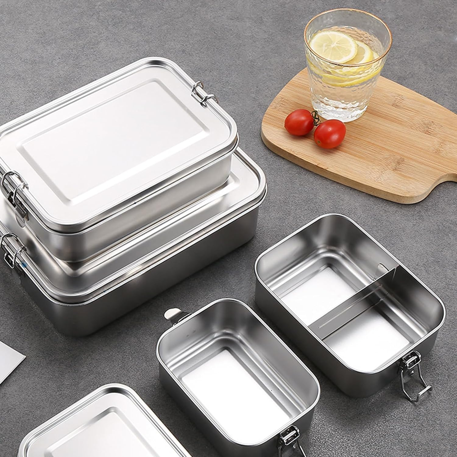 DAITET Leak-Proof Lunch Box Stainless Steel Bento Lunch Food Box Container with Removable Dividers Stainless Lid Lunch Box with Compartments Large Single Layer Rectangular Lunchbox(47Oz)