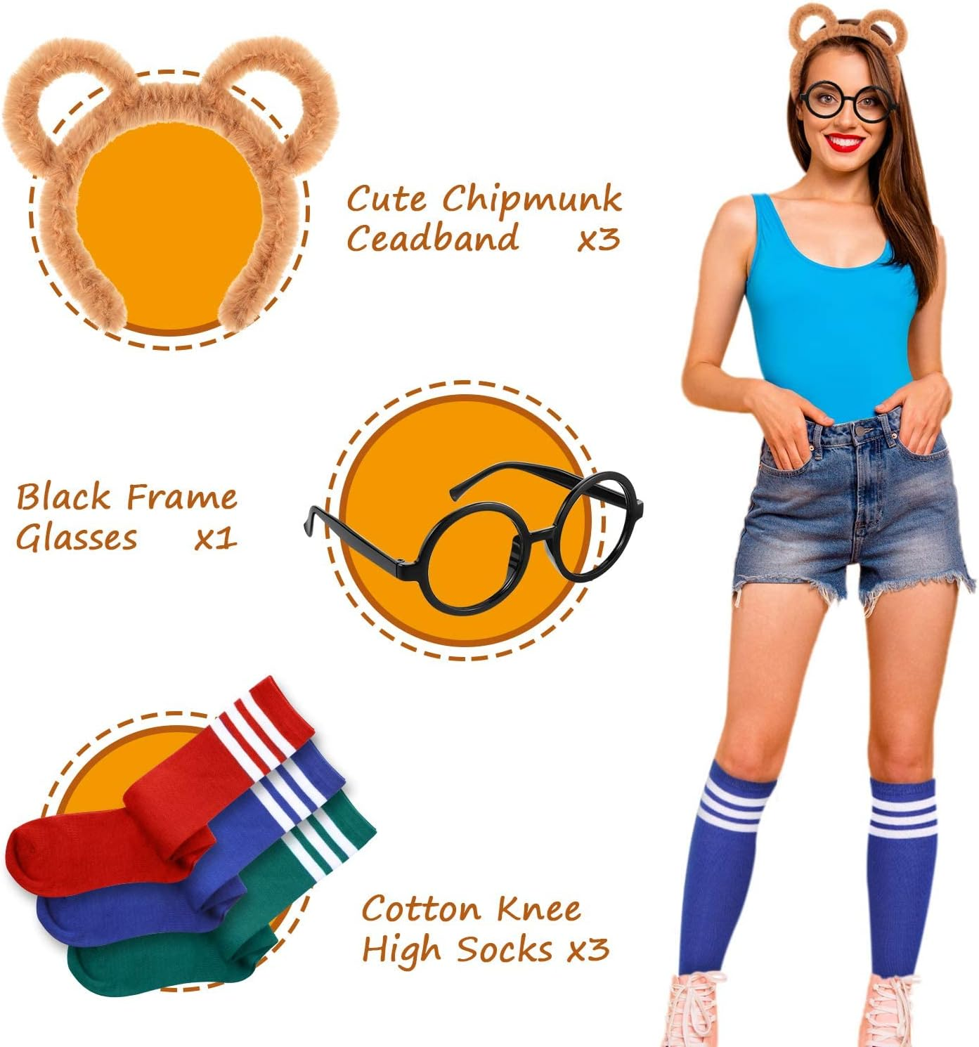 Kavoc 8 Pieces Chipmunks Costumes Set Include 3 Chipmunk Ears Headband，3 Pairs Soccer Socks，1 Piece Black round Frame Glasses and 1 Red Cap Animal Costume for Adults Teens World Book Day Party Brown image number 5