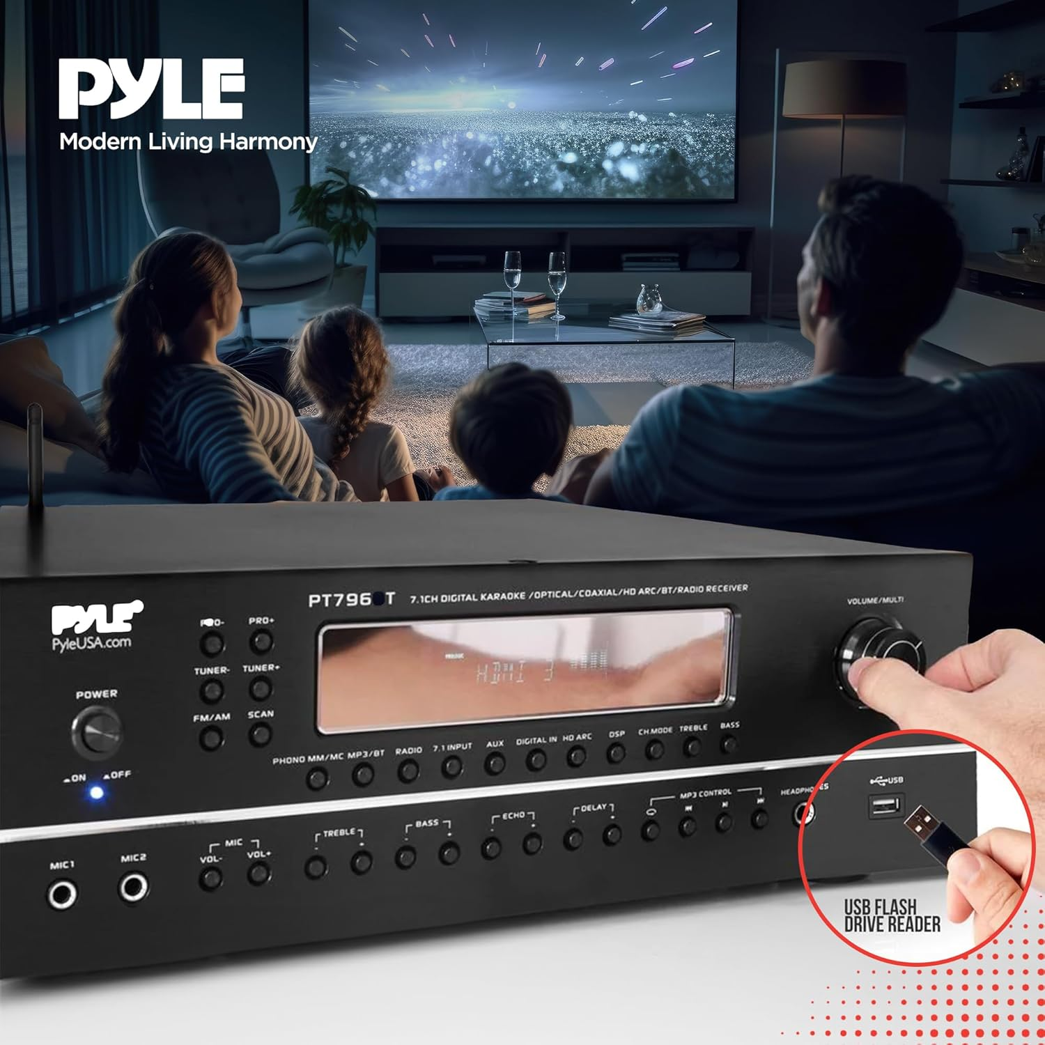 Pyle 7.1-Channel Hi-Fi Bluetooth Stereo Amplifier - 2000 Watt AV Home Theater Speaker Subwoofer Surround Sound Receiver W/Radio, USB, RCA, HDMI, MIC In, Supports 4K UHD TV, 3D, Blu-Ray - PT796BT