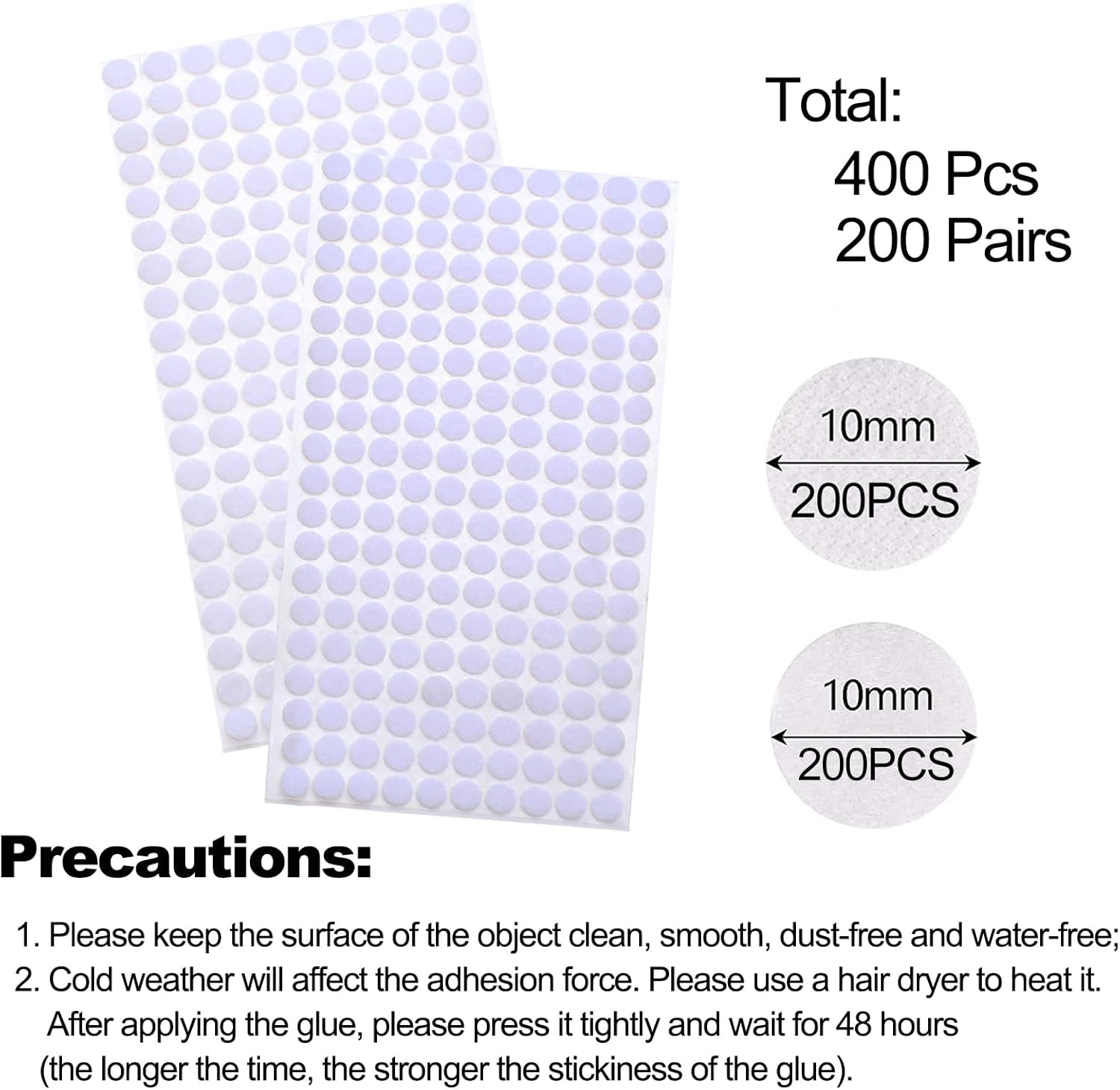 400Pcs Self Adhesive Dots, 200 Pairs Hook and Loop, 10Mm, White, for Home, School, Office image number 6