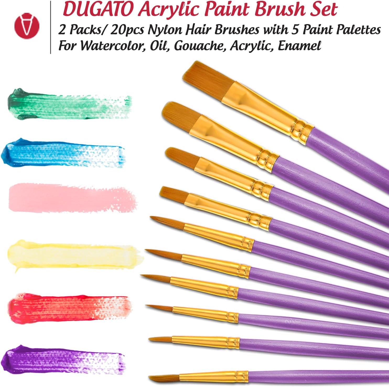 Paint Brushes Palettes Set by DUGATO, 2 Packs/20Pcs round Pointed Tip Nylon Hair Brushes with 5 Paint Trays for Acrylic Watercolor Oil Gouache Tempera and Body Painting (Purple)