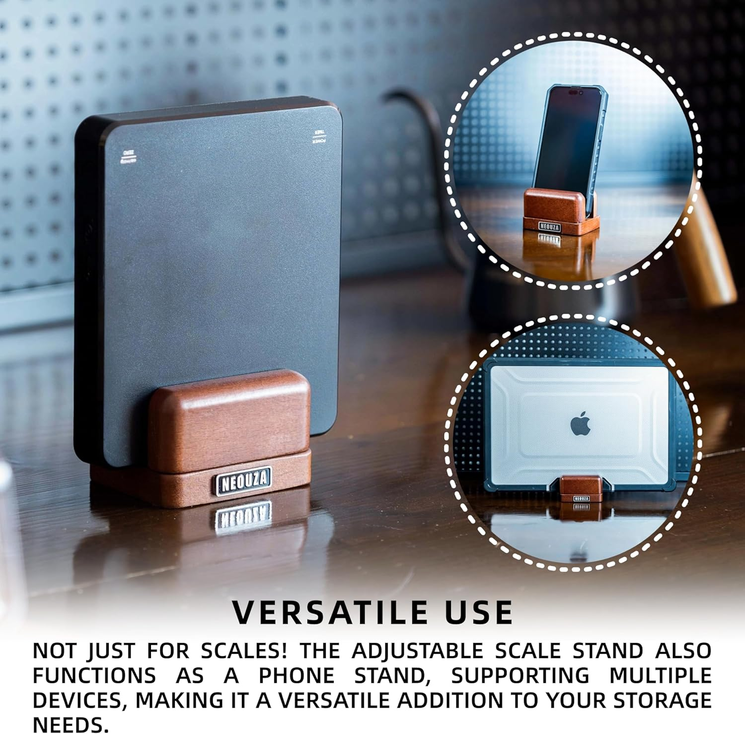 NEOUZA Adjustable Scale Stand for Digital Coffee Scal | Phone and Tablet Stand | Laptop Stand | Multi-Device Stand | Beechwood image number 6