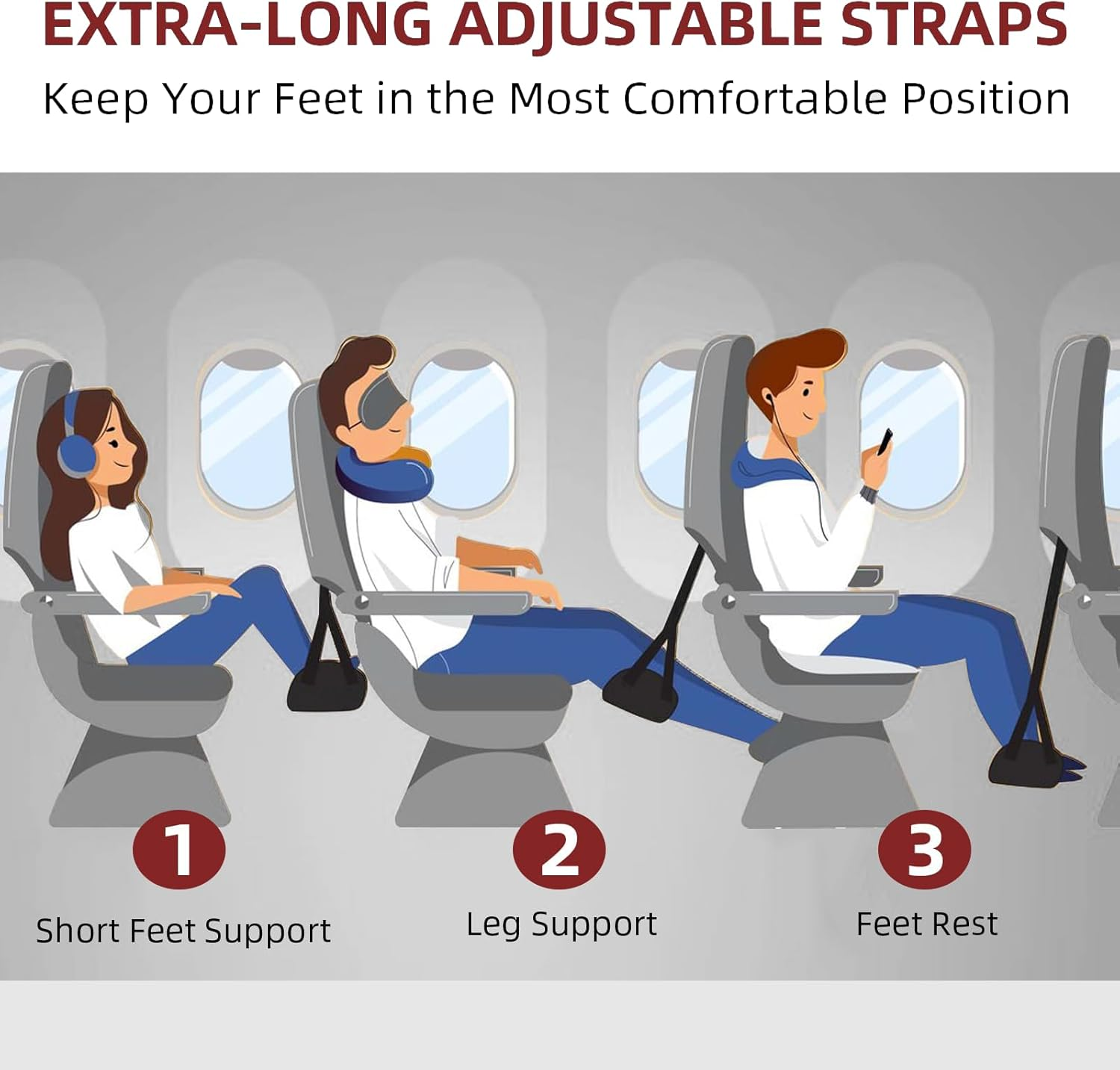 Airplane Foot Hammock (2 Pack), Travel Foot Rest for Airplane with Memory Foam, Adjustable Plane Foot Rest Hammock, Portable Airplane Travel Accessories for Long Flights, Black image number 5