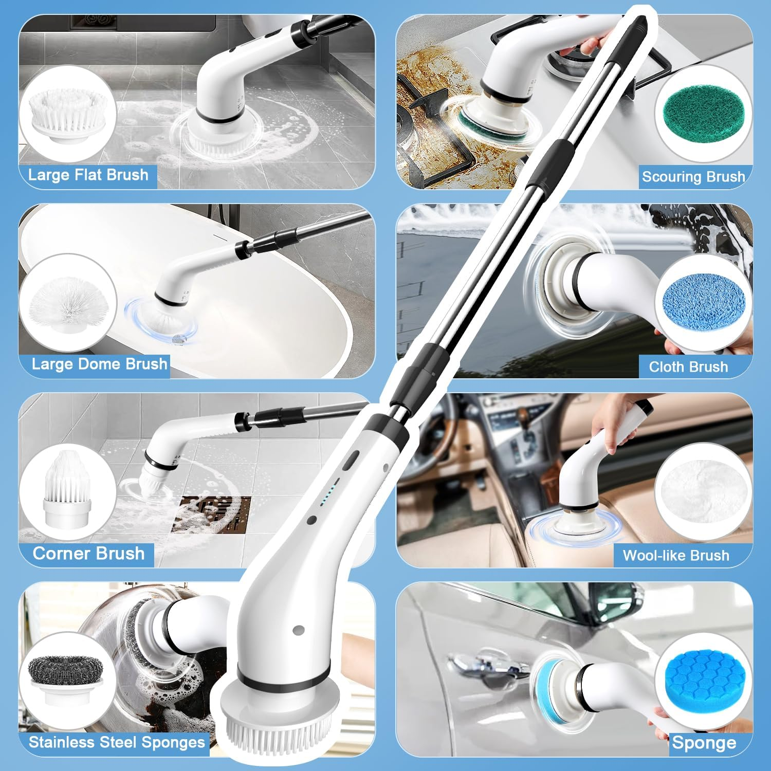GRUTTI Electric Spin Scrubber, Cordless Shower Scrubber with 8 Replaceable Brush Heads, Electric Bathroom Scrubber with 2 Speeds, Adjustable Extension Arm, for Bathtub Window Car Grout Tile Floor image number 1