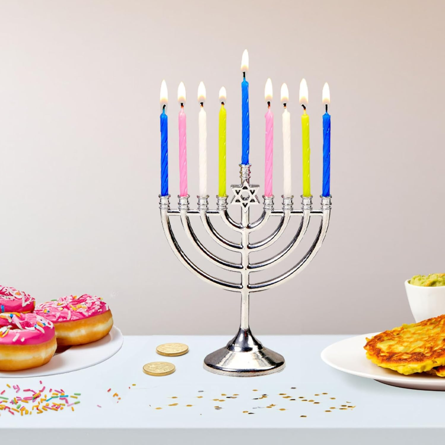 Rite Lite Mini Menorah Set with 48 Multicolor Birthday Candles - Portable Chanukah Candle Holder Diecast Aluminum Menorah Hanukkah Gifts Jewish Party Favors Living Room Holiday Decor Centerpiece 5" H image number 2