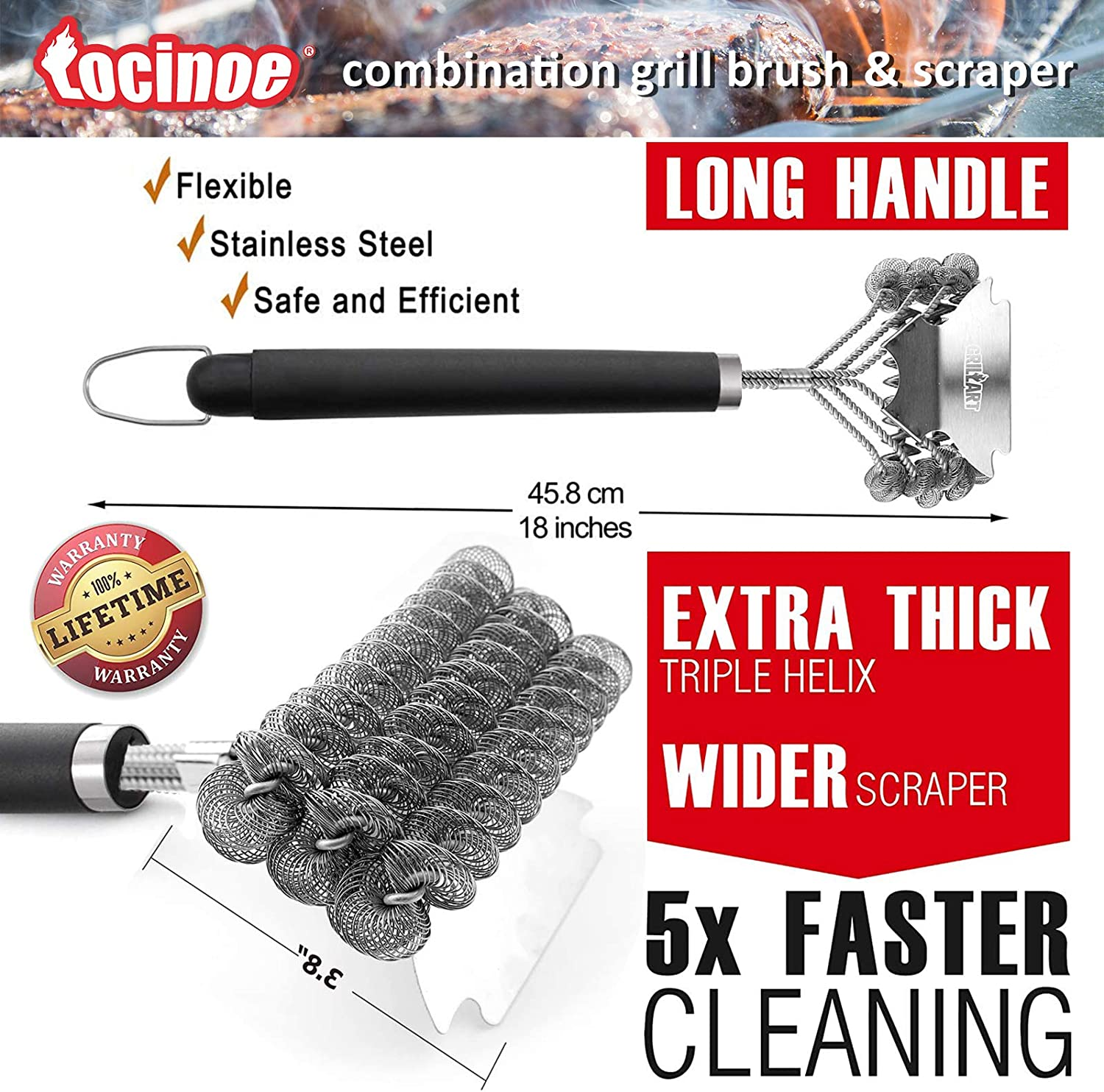 Grill Brush and Scraper for Outdoor BBQ - 18'' Stainless Steel Bristles & Scraper Deep Clean Charcoal Grill Grease - Stronger Heavy Duty Rustproof BBQ Accessories image number 4
