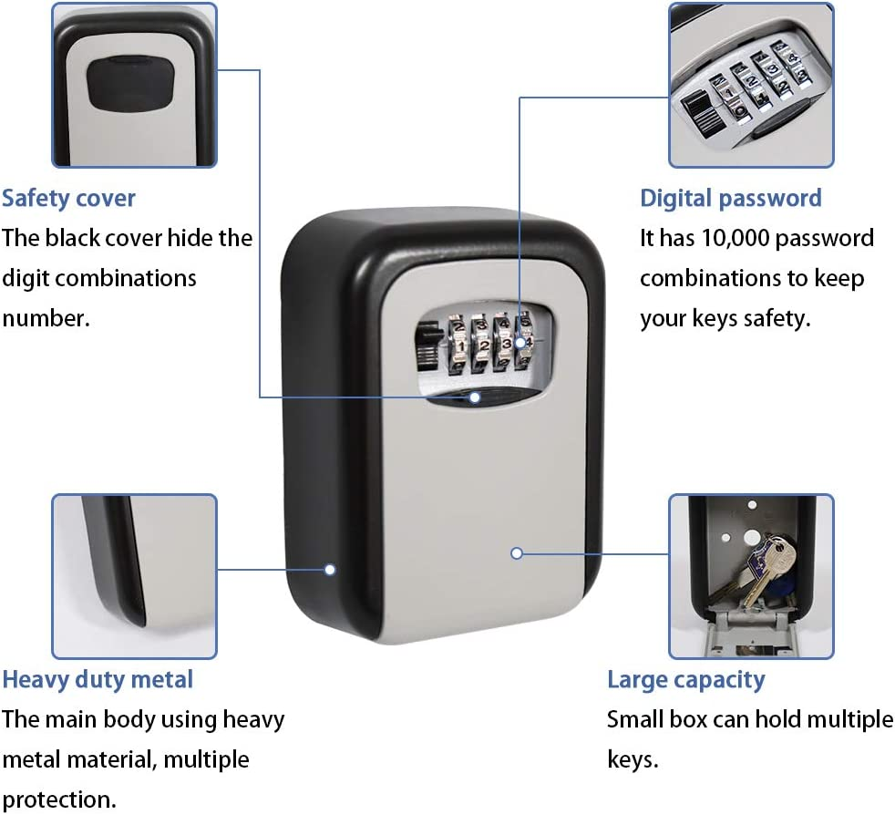 Valuehall Zinc Alloy Wall Mounted Combination Key Safe Storage Box with Slide Cover Lock Box for House Key 4 Digit Combination with Mounting Kit for Hotel Home Garage School V8168 image number 5