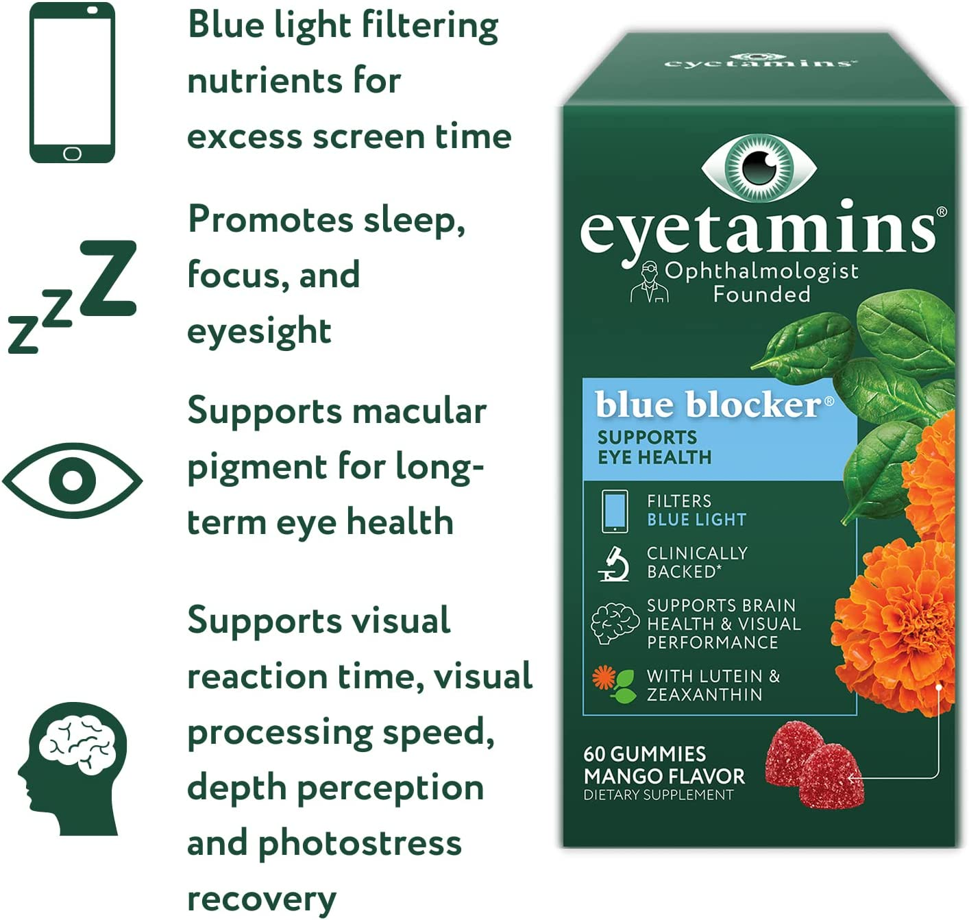 Eyetamins Blue Blocker&reg; Eye Health - 60 Lutein Gummies - Ophthalmologist-Developed - Support Vision, Filter Blue Light & Help Eye Strain - Promotes Sleep, Focus Eyesight &ndash; Vegan & Non-Gmo Formula