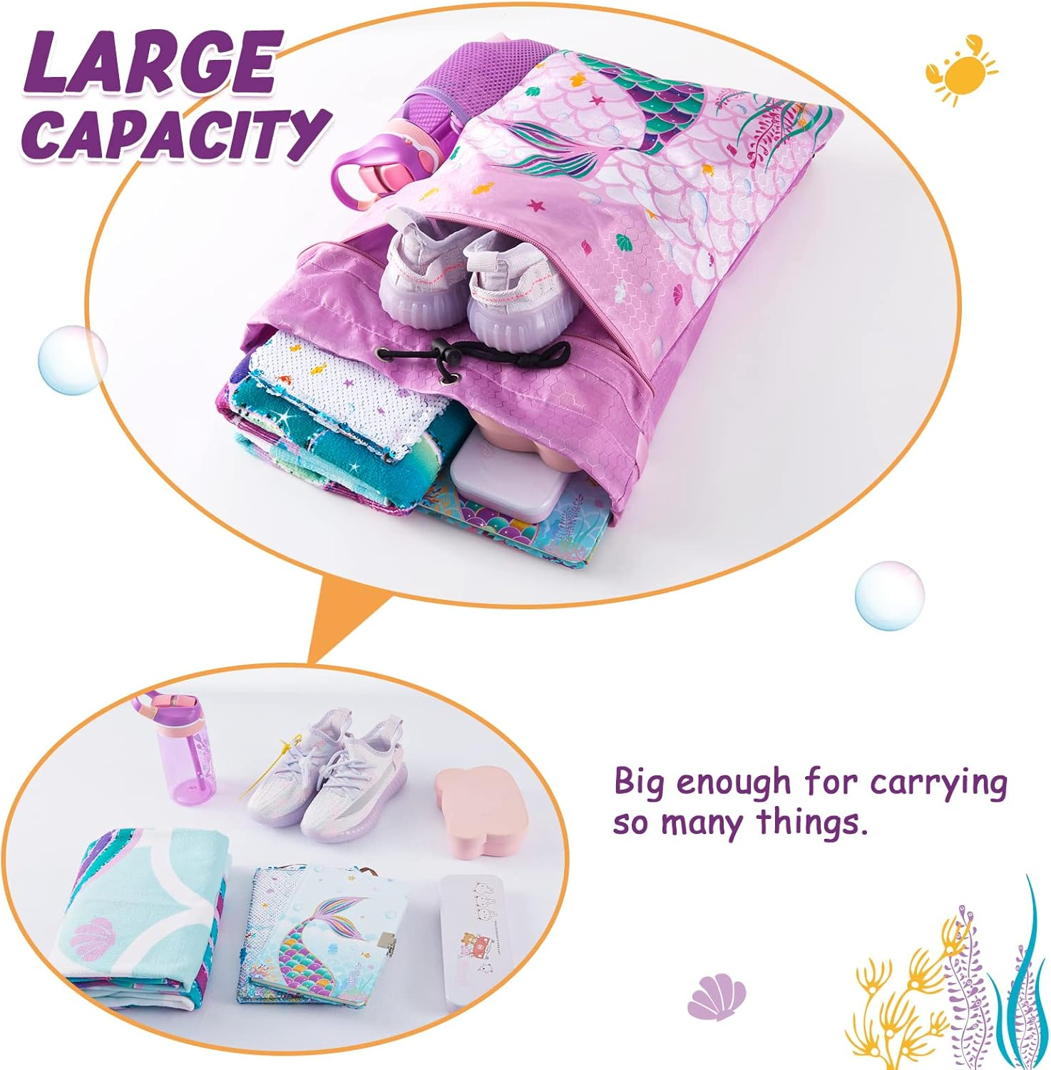 WAWSAM Gym Drawstring Backpack - Sports Gym PE Bag for Kids Waterproof Swimming Beach Backpack with Zippered Pocket and Water Bottle Holder - Purple image number 2