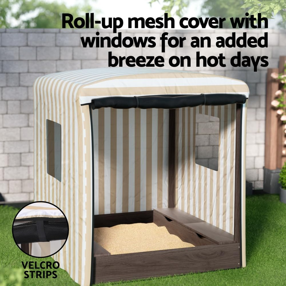 Keezi Kids Sandpit, 120Cm Height Wooden Sandbox Sand Pit Play Toys Water Basin Sandcastle Garden Patio Beach Activity Outdoor Toy Games, with Water-Resistant Canopy and Roll-Up Windows image number 2