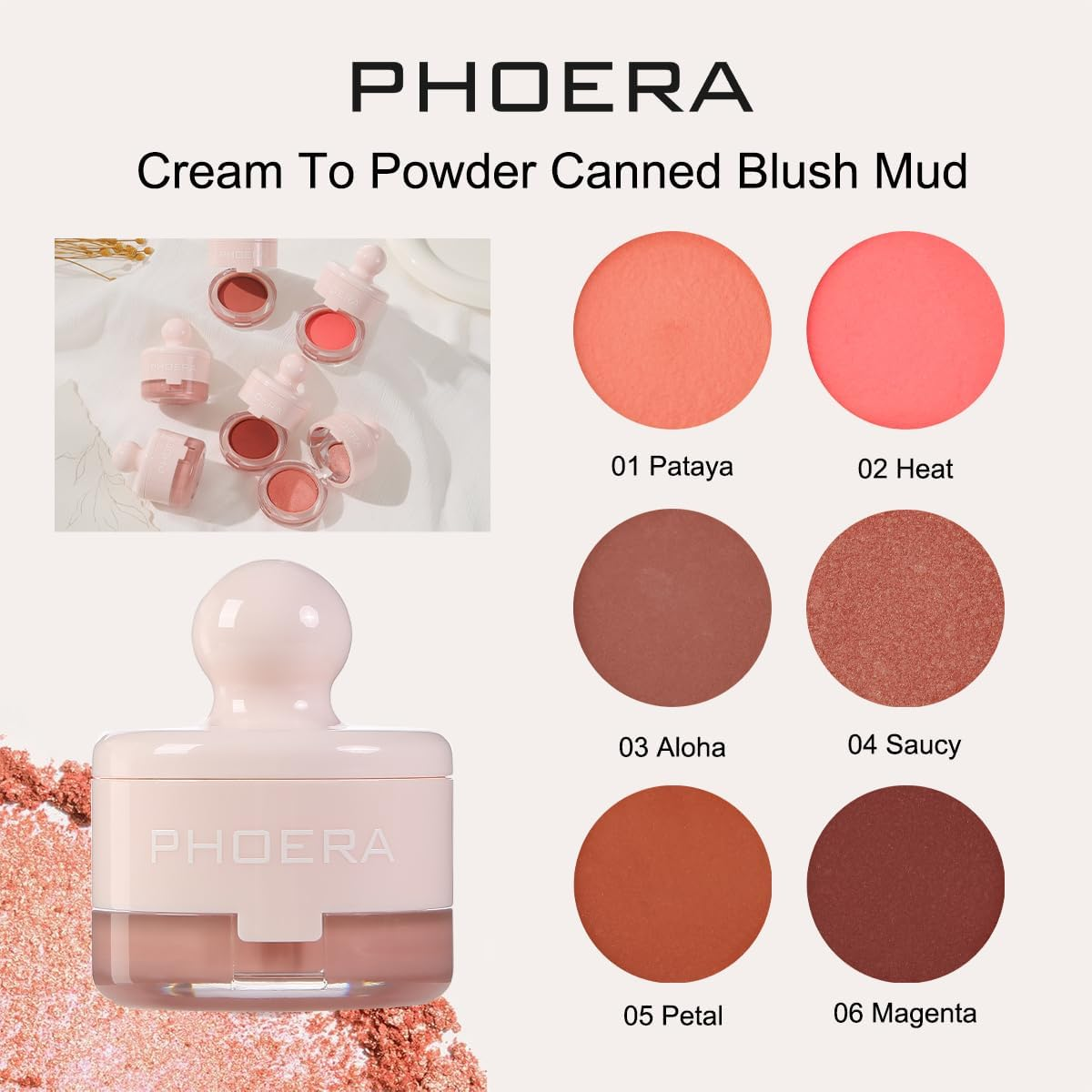 PHOERA Cream to Powder Canned Blush Mud &ndash; Lightweight Longwear Cheek Blush with Puff & Mirror &ndash; Matte & Shimmer Finish &ndash; 6 Buildable Shades for Natural Radiant Glow (03 Aloha, One Size) image number 3