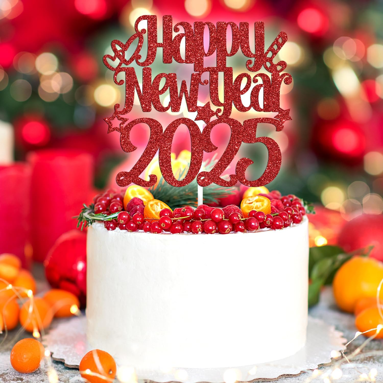 Happy New Year 2025 Cake Topper, Happy Holiday/Merry Christmas Cake Decor, New Year'S Eve Festival Party Decoration Suppllies, Red Glitter