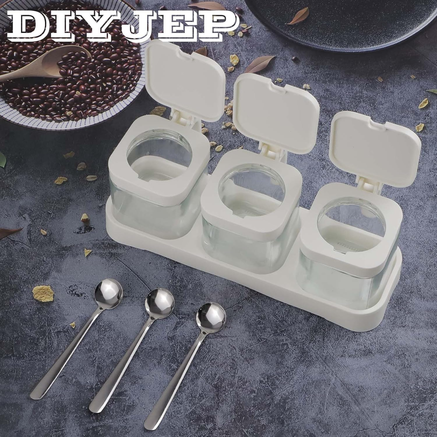 DIYJEP Pack of 3 Spice Jars with Stainless Steel Spoon, Flour Sugar Salt Storage, Glass Square Spice Containers with Lid and Base, Storage Jars, Salt Jar, Spice Box for Kitchen, Seasoning, Tea (White) image number 1
