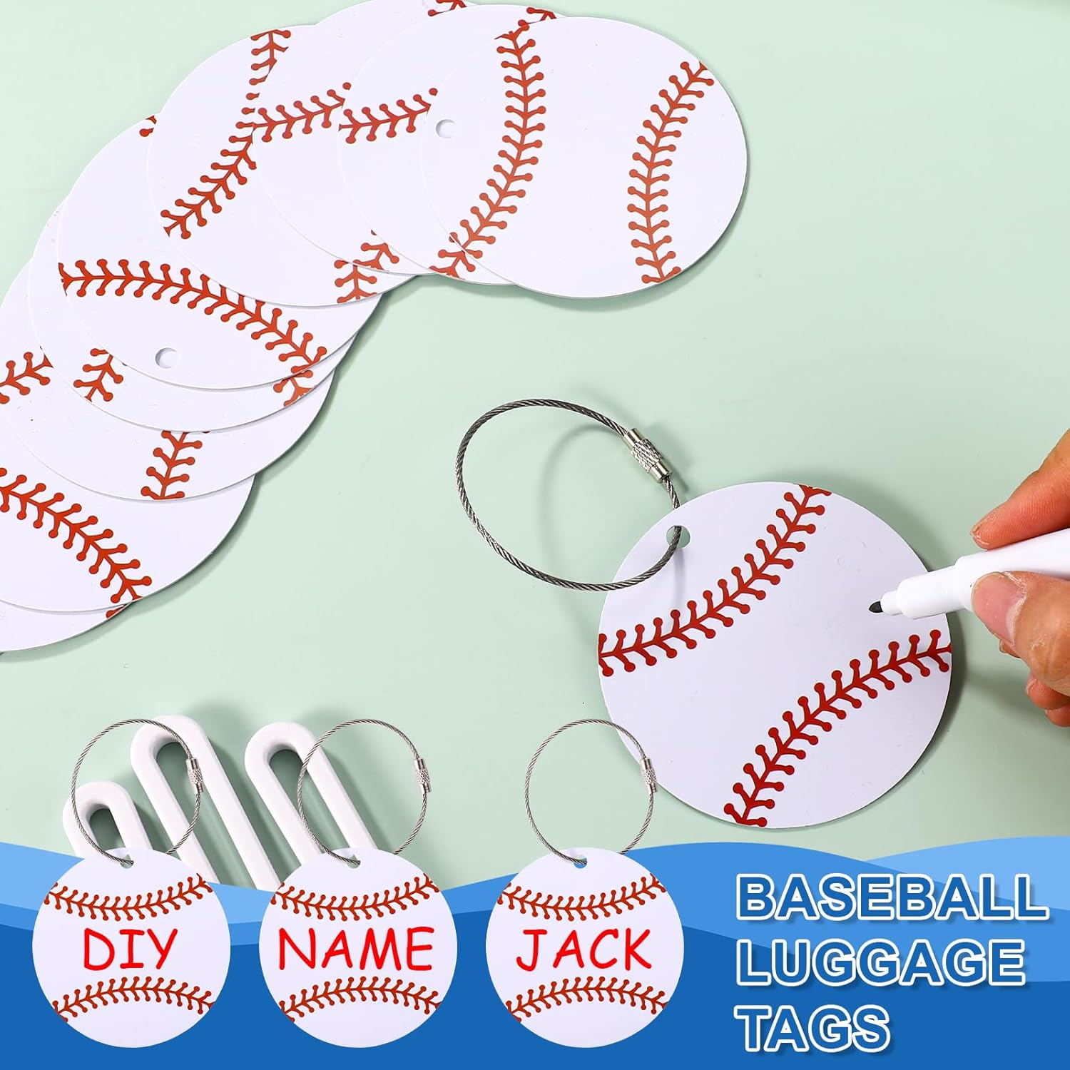 Lyreh 12Pcs Baseball Luggage Tags, 2.76In PVC Name ID Card with Metal Ring Baseball Keychain Personalize Travel Bag Labels for Women Men Suitcases Backpack Sport Team Favors image number 4