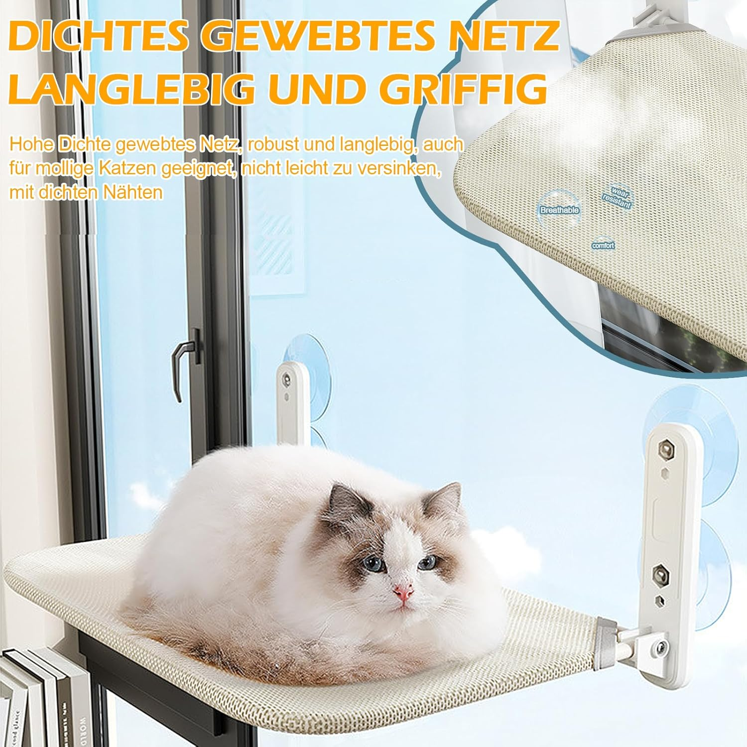 Undres Cat Window Lounger, Cat Hammock, Cat Lounger Window, Cat Bed, with Strong Suction Cup, Foldable, 45 X 30 Cm, Breathable Material, Holds up to 20 Kg, Suitable for Most Cats