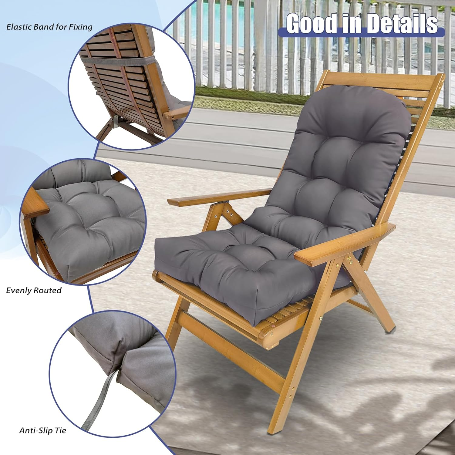 Gollense Adirondack Chair Cushion Rocking Chair Cushions High Back Patio Chair Pad for Indoor/Outdoor Water-Resistant Lounge Chair Replacement Seat Pillow with Ties for Garden Furniture (Dark Grey) image number 3
