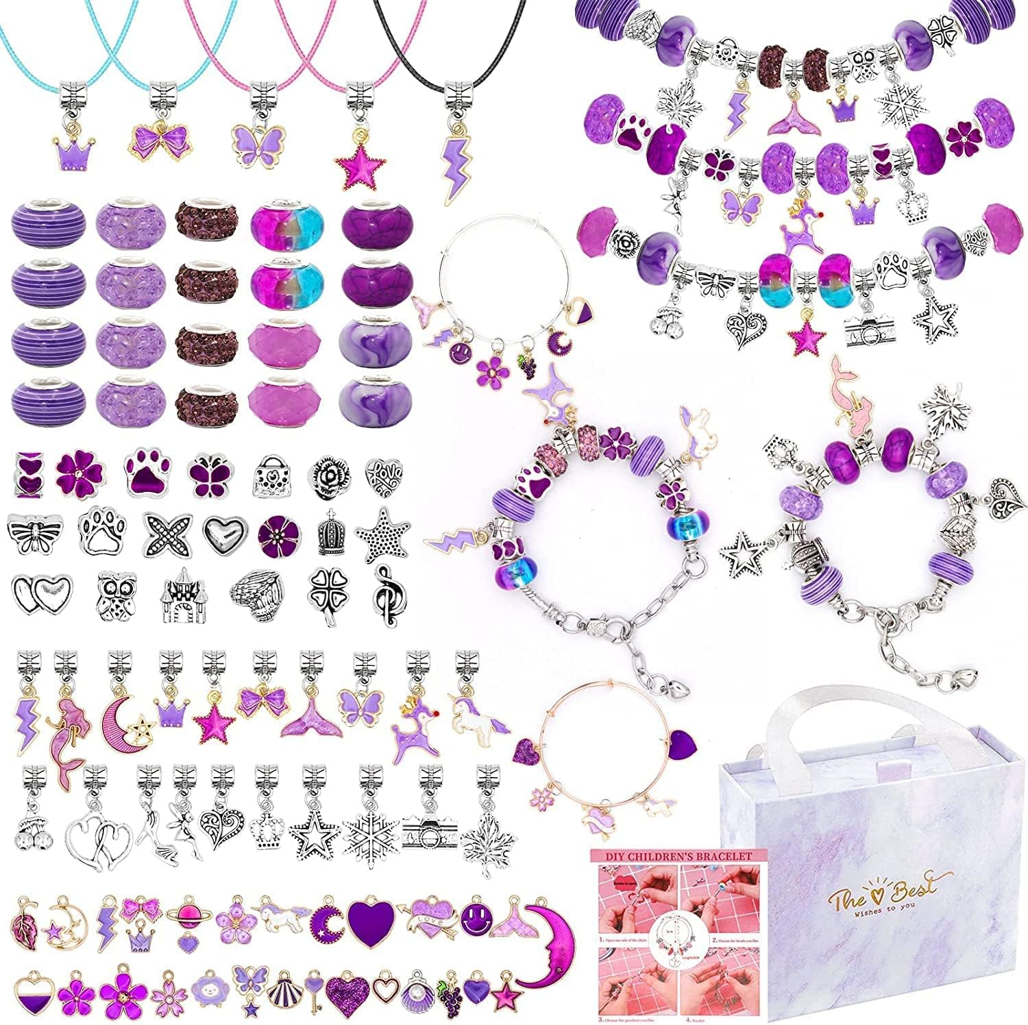 162 Pcs Charm Bracelets Kit, Necomi Jewellery Making Kit with Beads, Purple Fantasy Charm Style, Bracelet Making Kit for DIY Craft and Teen Girls Jewelry for Kids Friendship Age 6-12 image number 4