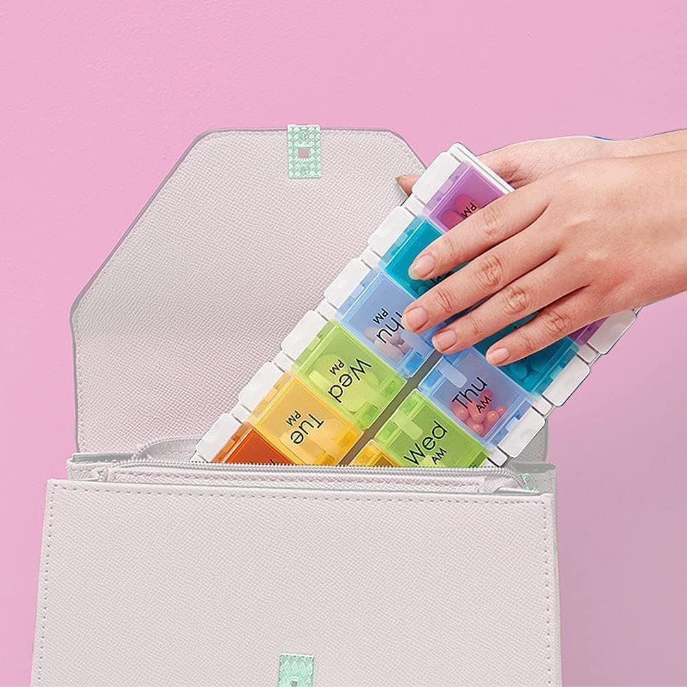 AM PM Weekly 7 Day Pill Organizer (Twice-A-Day)， Large Daily Pill Cases with Easy Push Button Design for Pills/Vitamin/Fish Oil/Supplements - Rainbow image number 3