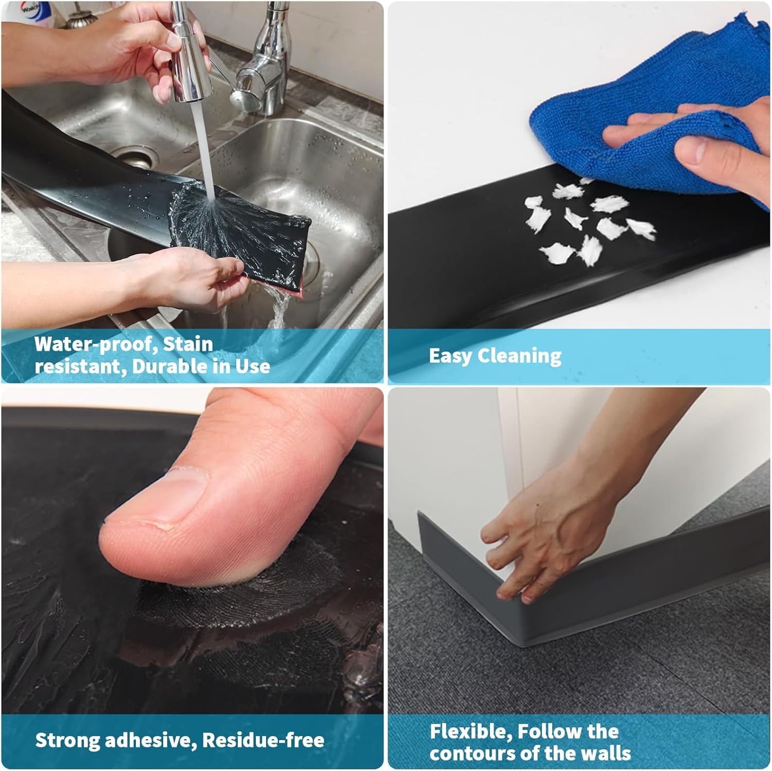 Art3D Flexible Wall Baseboard Molding Trim, Peel and Stick Vinyl Wall Skirting Board - 609 X 10 CM, Black - White image number 3